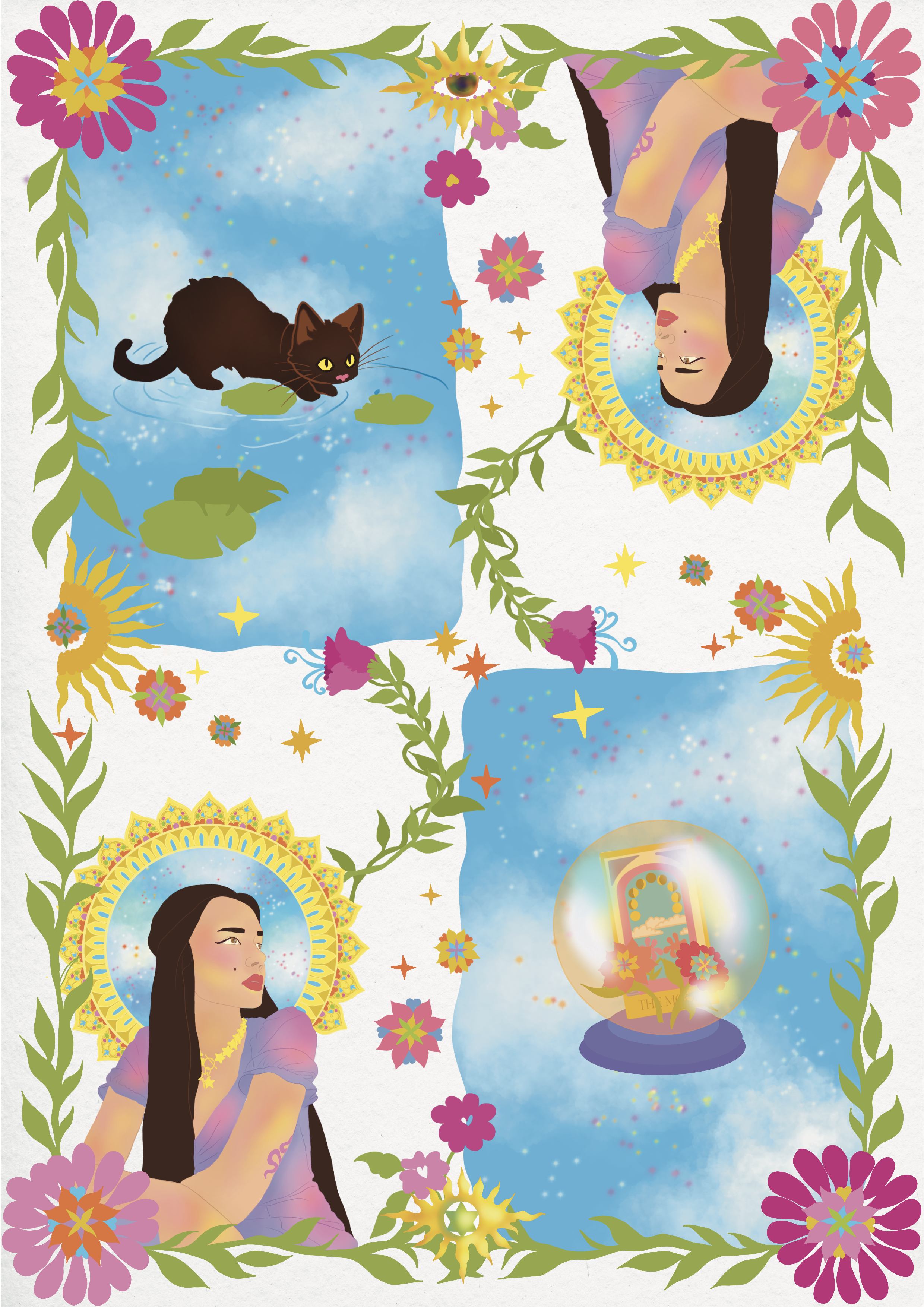 Colorful digital illustration featuring a woman with long dark hair and a black cat, both surrounded by vibrant flowers, stars, and mystical symbols on a white background.