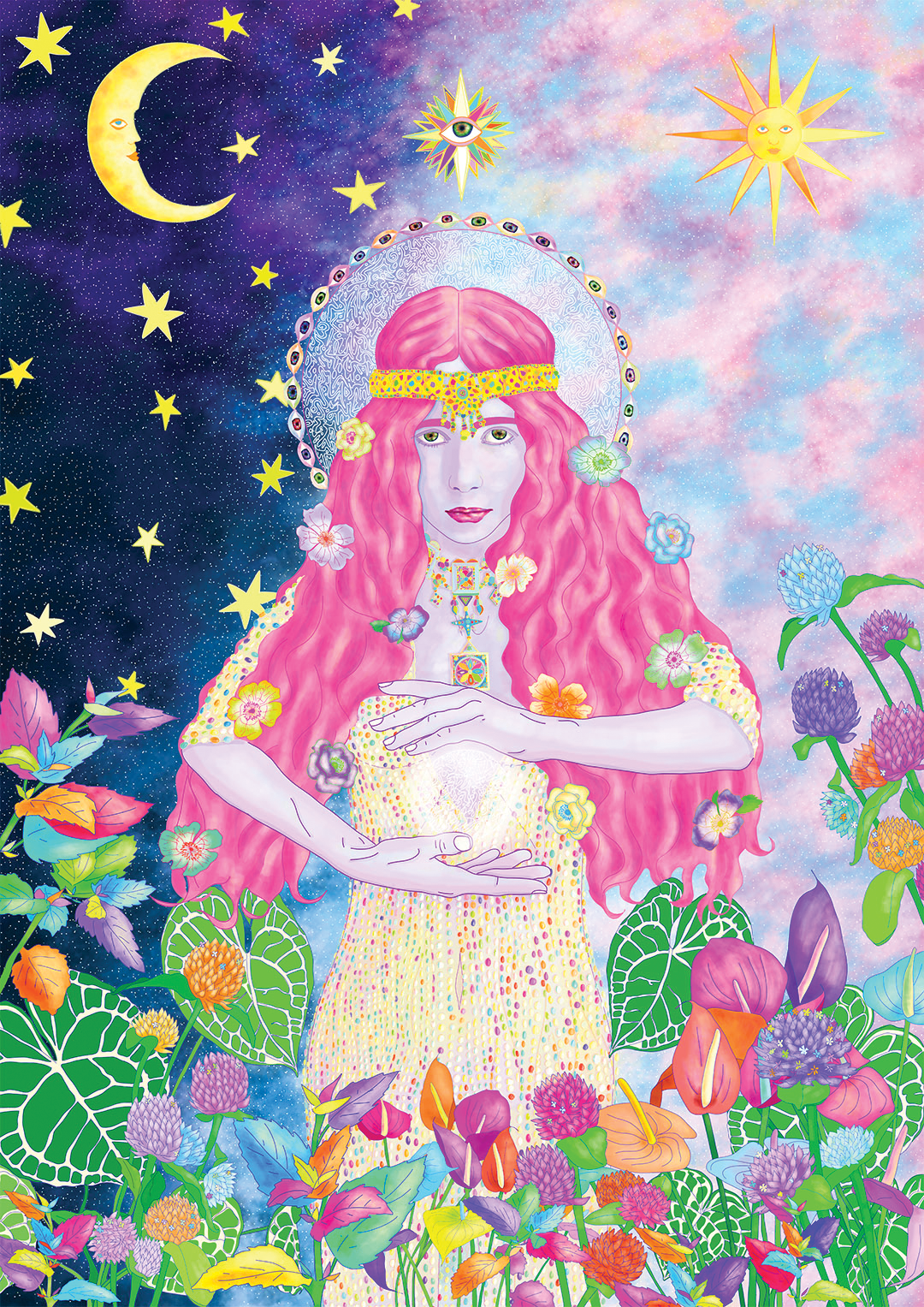 A colorful, mystical illustration of a woman with pink hair, surrounded by vibrant flowers and mystical symbols, set against a cosmic background with stars, the moon, and the sun.