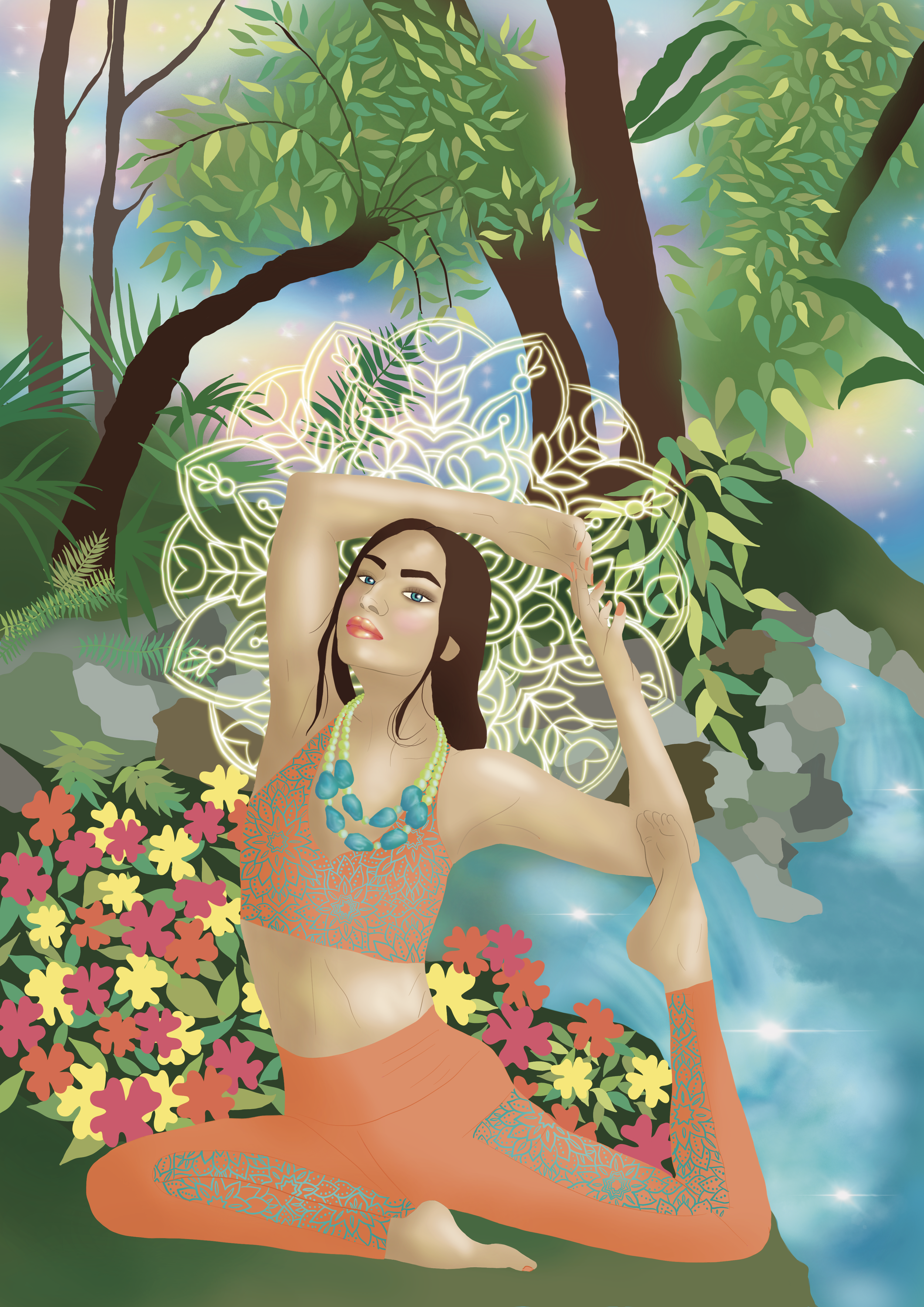 A woman with long dark hair, dressed in an orange patterned crop top and matching patterned leggings, posing in a garden scene with lush green trees, colorful flowers, and a flowing stream in the background. She is decorated with turquoise jewelry an