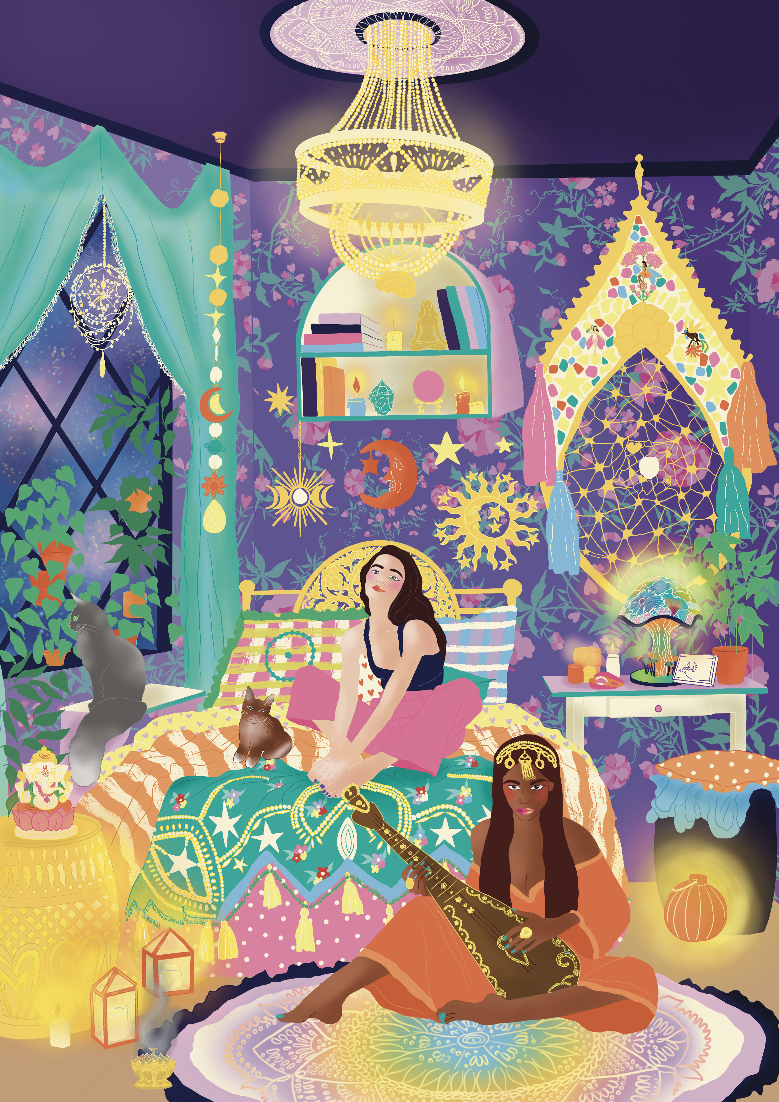 A cozy, colorful room decorated with mystical and celestial items. There is a woman sitting cross-legged on a patterned blanket on the floor, playing a stringed instrument. The room includes a chandelier, bookshelves, moons, suns, stars, planets, and