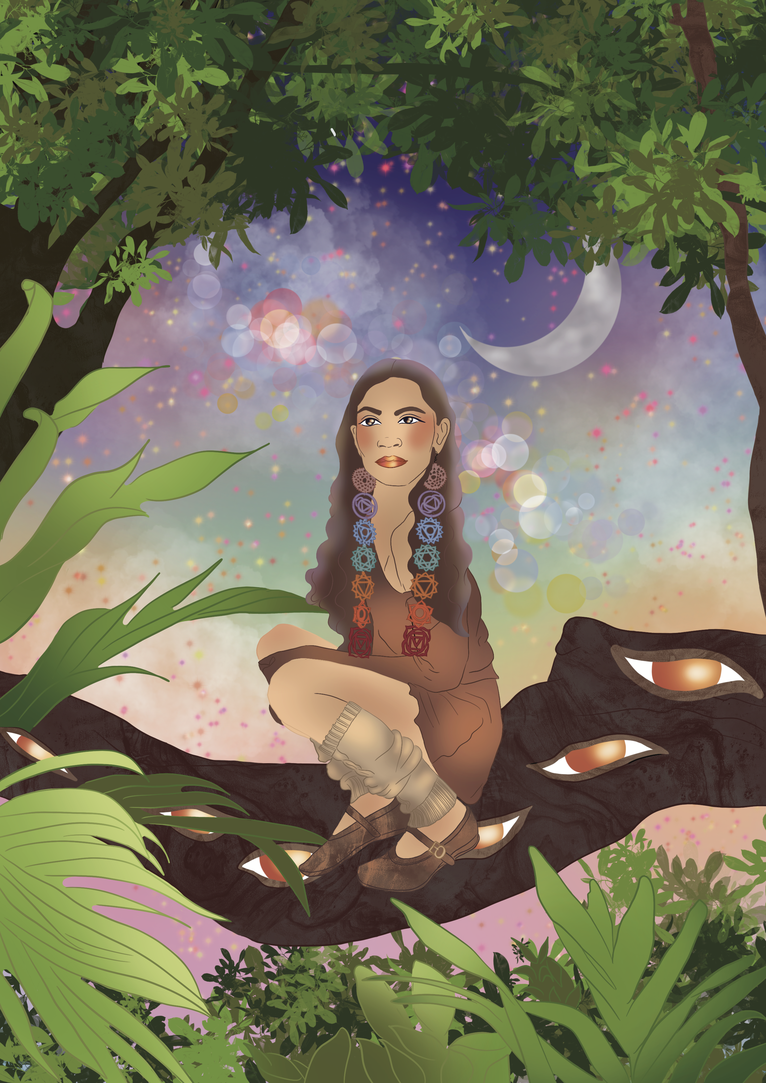 A woman with long curly hair sitting cross-legged on a tree branch surrounded by green foliage at dusk. She wears a brown dress, colorful beaded jewelry, and tan boots. The sky features a crescent moon, stars, and cloud-like patterns with pastel colo