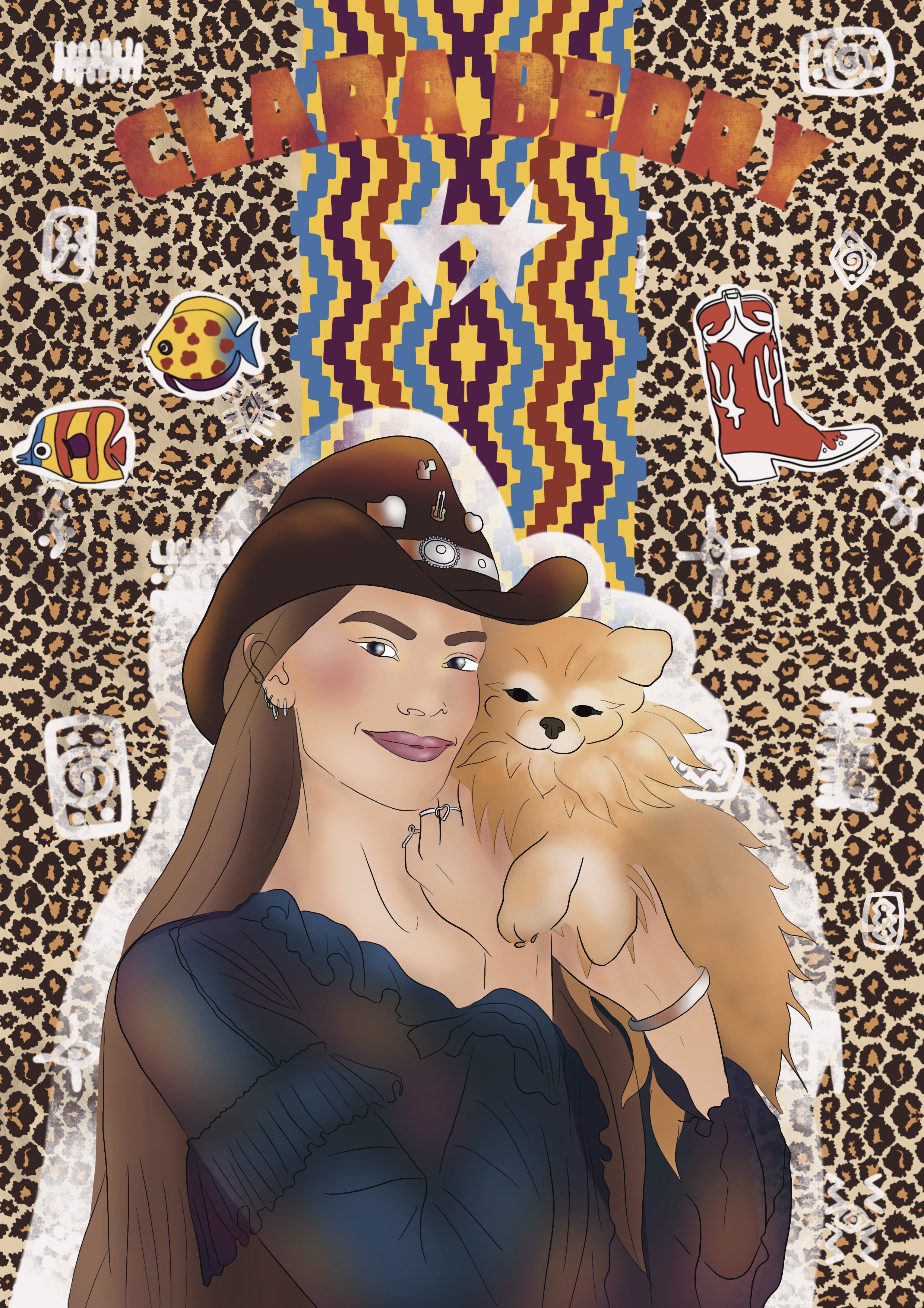 A digital illustration of a woman with long brown hair, wearing a cowboy hat with various pins, holding a fluffy tan dog. The background features a leopard print pattern, a multicolored, pixelated stripe running vertically, cartoon fish, a red cowboy