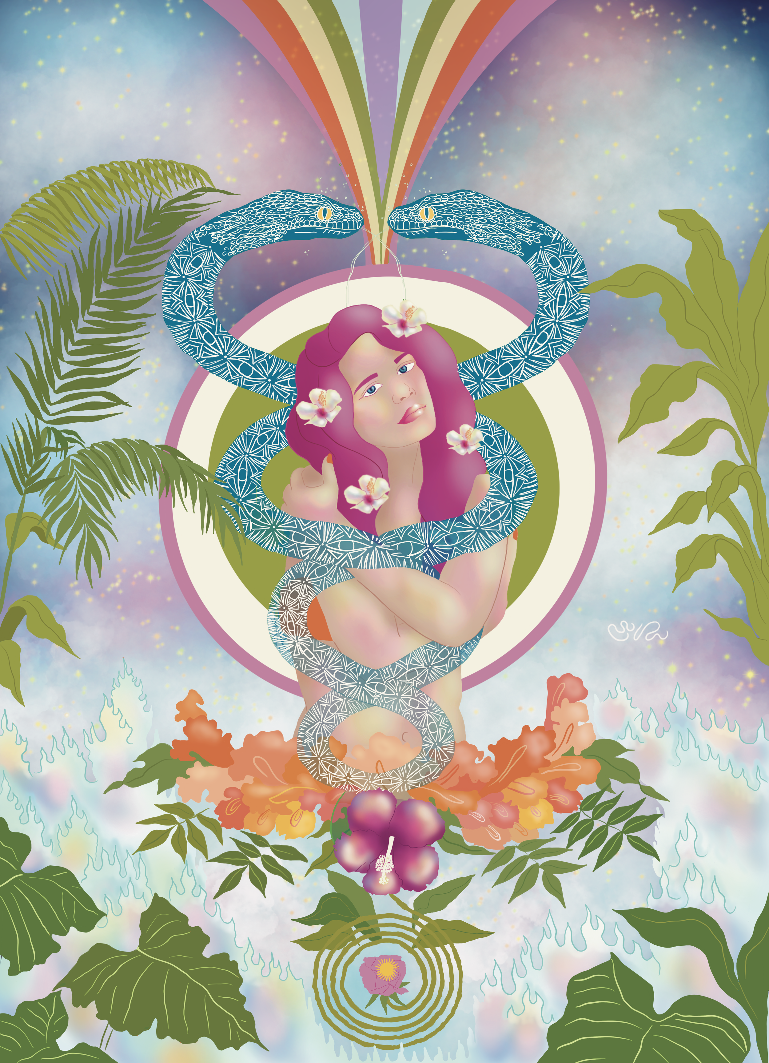 A surreal illustration of a woman with purple hair and floral accessories, intertwined with snakes, surrounded by tropical plants, flowers, and cosmic elements like rainbows and stars.
