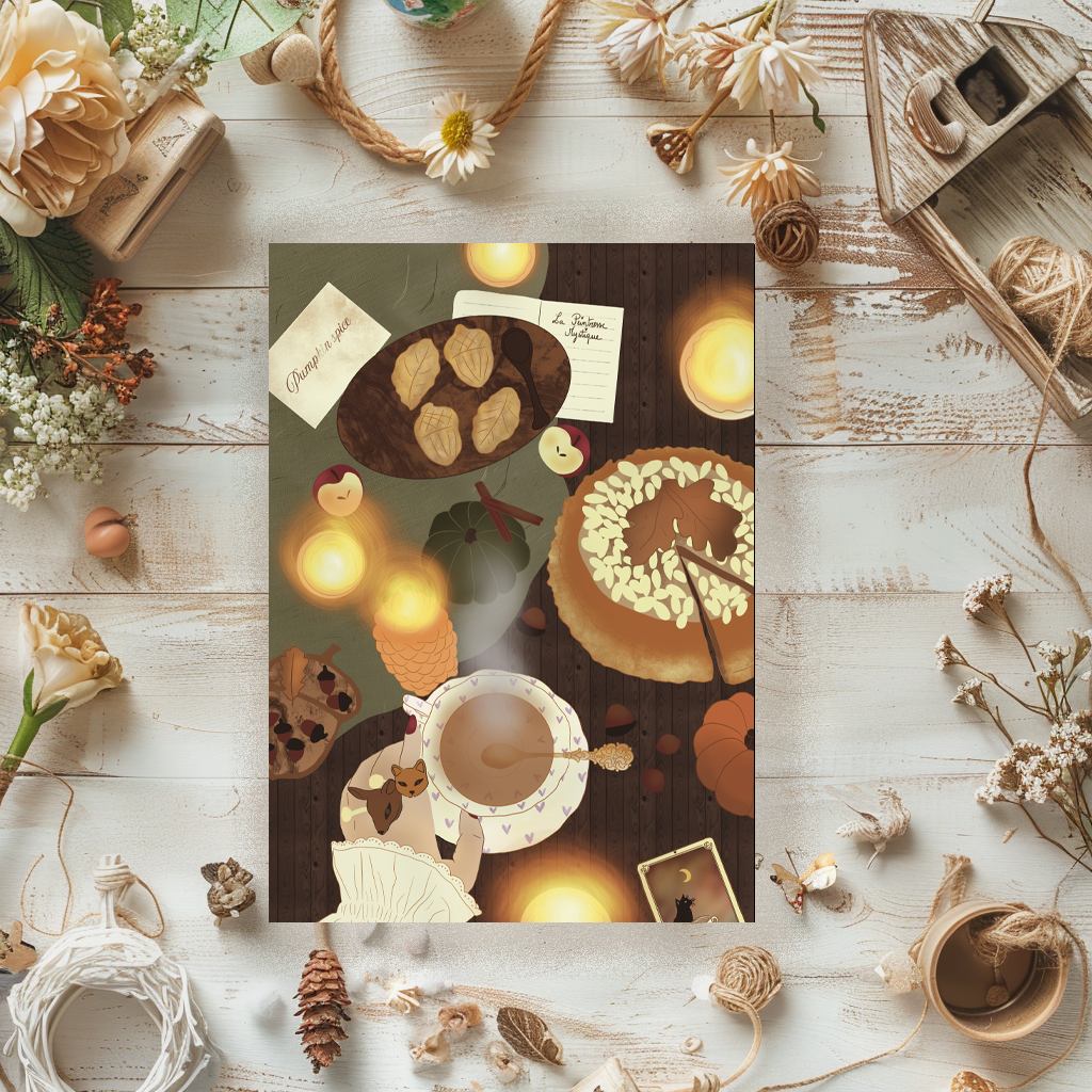 A cozy autumn scene showing a table with candles, pumpkins, pies, and a cup of tea or coffee, surrounded by flowers and decorative items for fall.