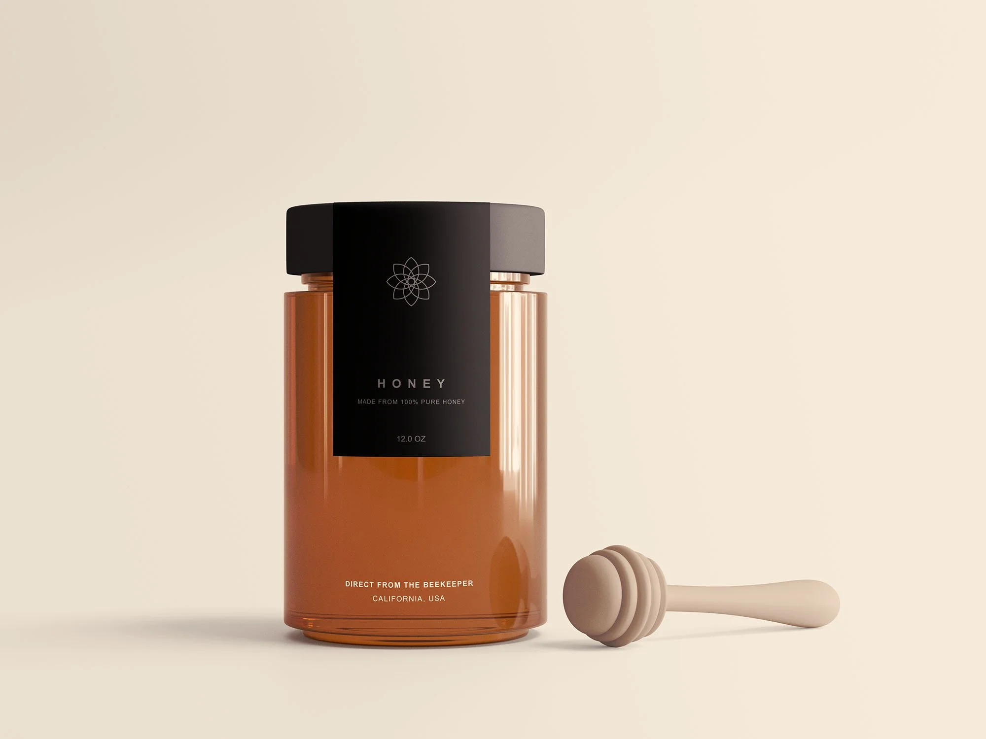 A black bottle labeled ‘Honey’ made from 100% pure honey, with the text ‘direct from the beekeeper, California, USA,’ next to a honey dipper and a wooden honeycomb-shaped object.