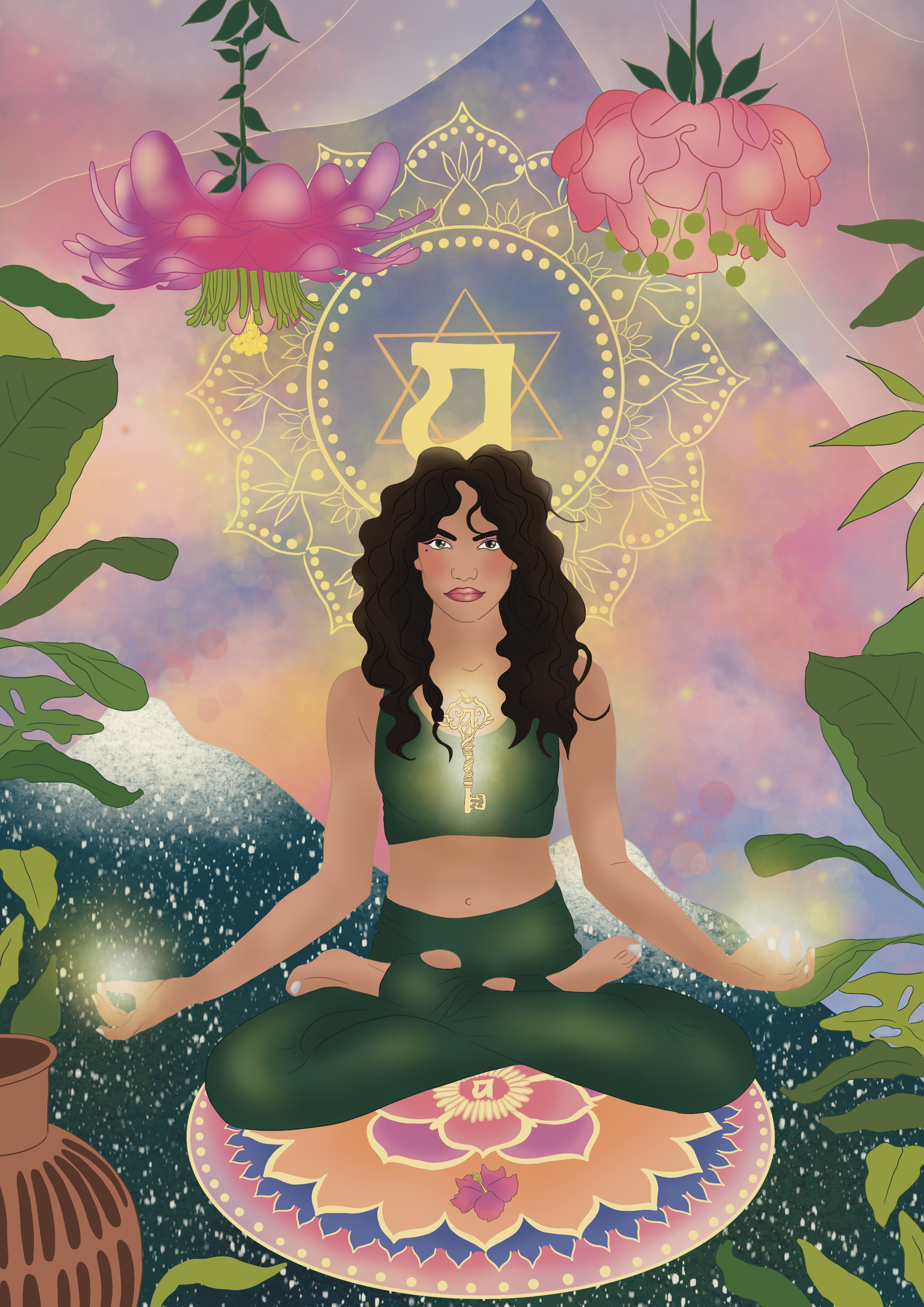 A woman practicing yoga outdoors during sunset, sitting on a decorative mat, surrounded by plants and flowers, with a glowing aura and symbolic elements in the background.
