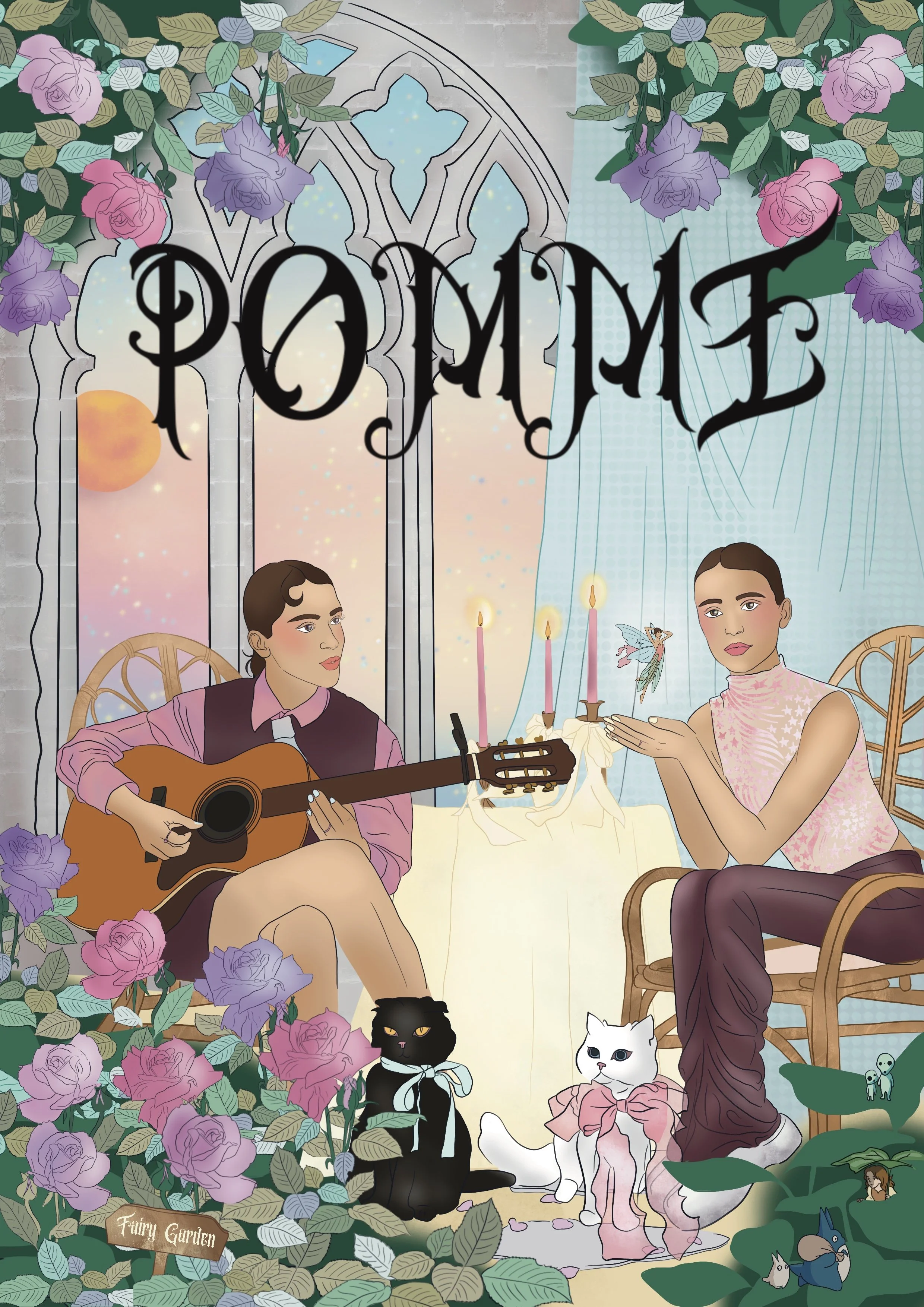 Two women are sitting together in a fairy garden. One woman is playing a guitar, and the other woman is holding a small object in her hands. The scene is surrounded by colorful flowers and cats, with a dreamy sky in the background. There is a sign th