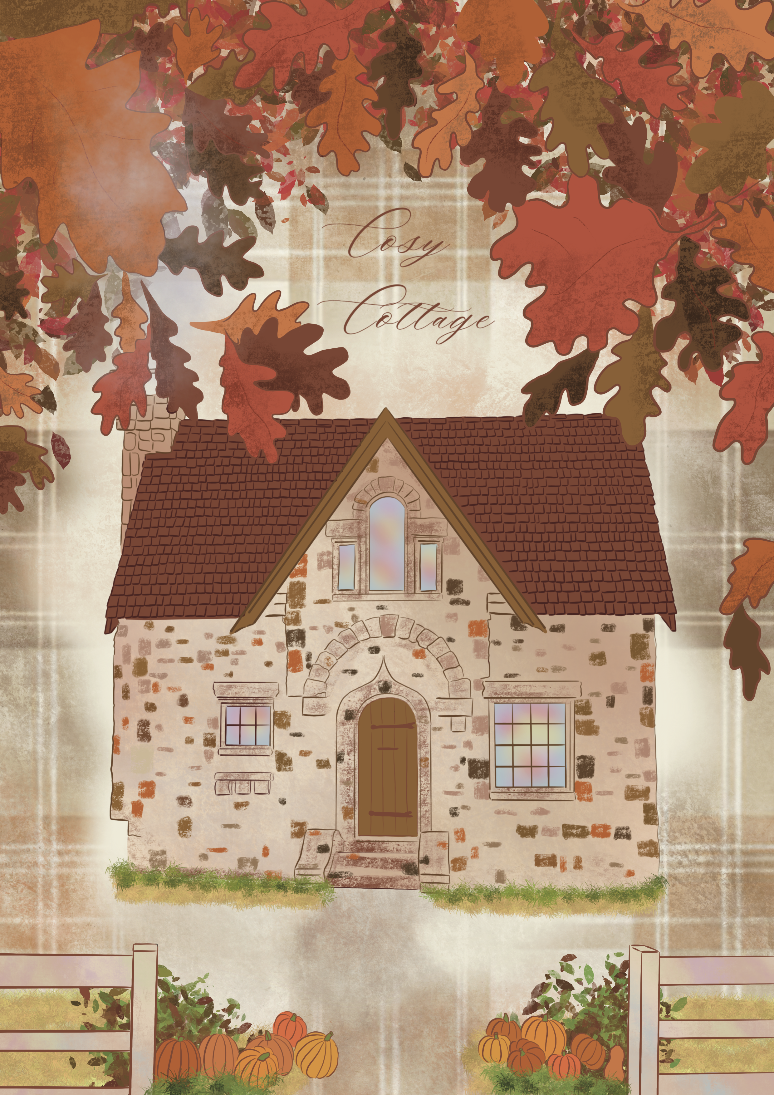 A cozy cottage with a brown shingle roof and brick and stone walls, surrounded by a pumpkin patch in the fall, with orange pumpkins and green grass in the foreground, and a white fence with green foliage at the bottom.