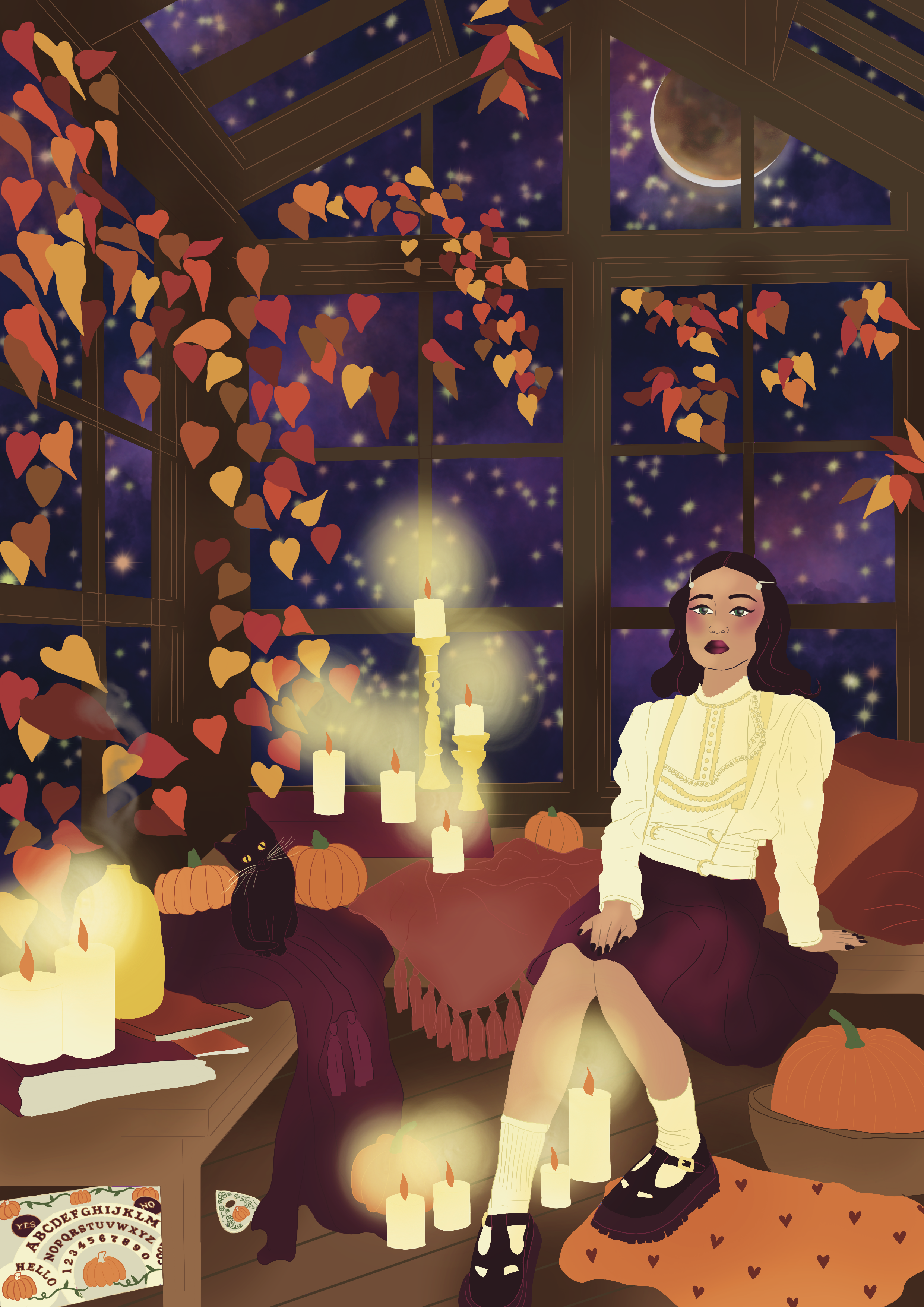 A girl with dark hair and a cream-colored blouse sitting on a velvet cushion surrounded by candles, pumpkins, and autumn leaves in a cozy, decorated room with large windows showing a starry night sky and a moon. There is a black cat sitting next to h
