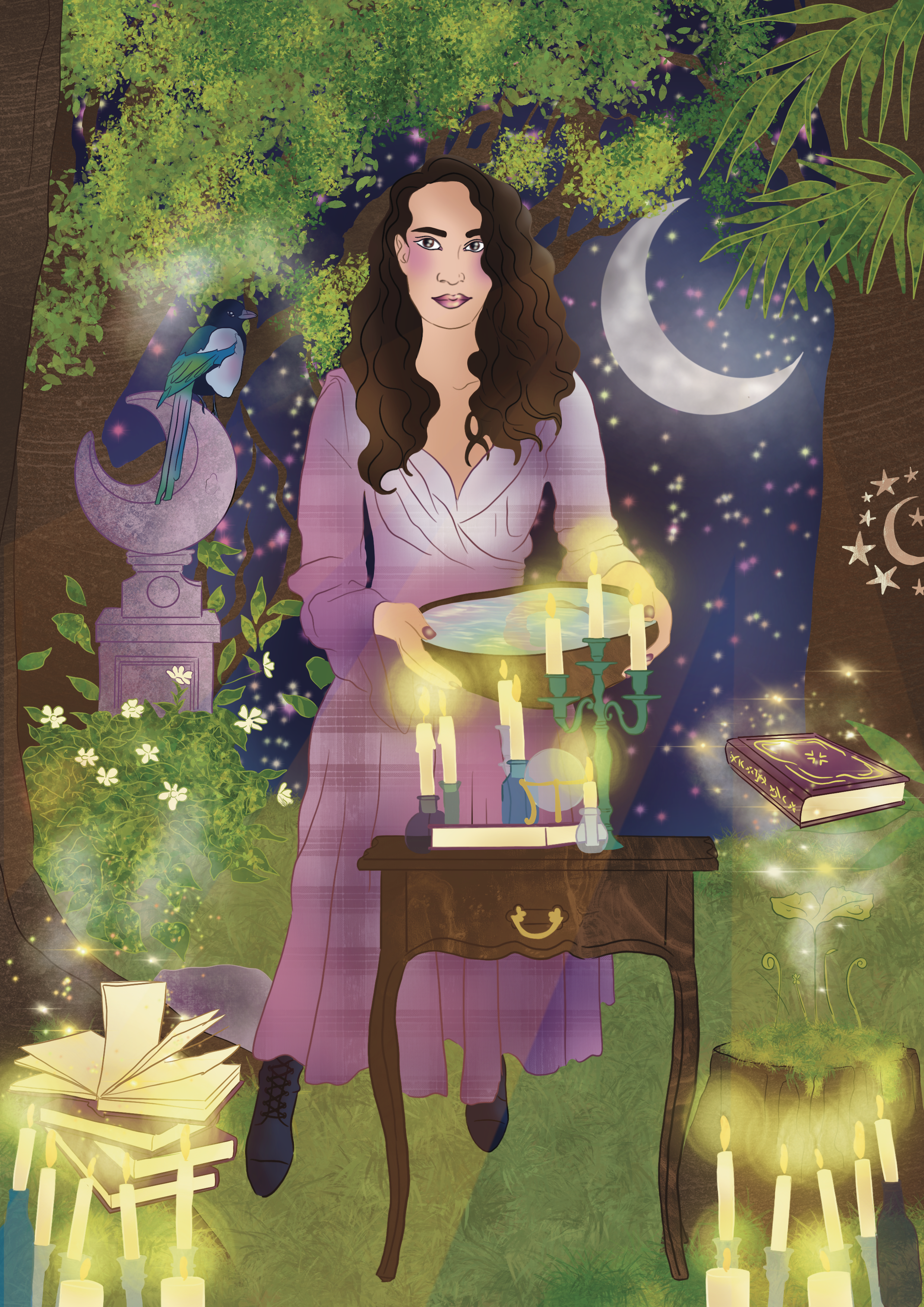 A woman with long, curly brown hair and purple dress standing in a magical outdoor setting at night, holding a tray with candles. Surrounding her are lit candles, an open book, lush green plants, a bird on a pedestal, a crescent moon, and sparkling s