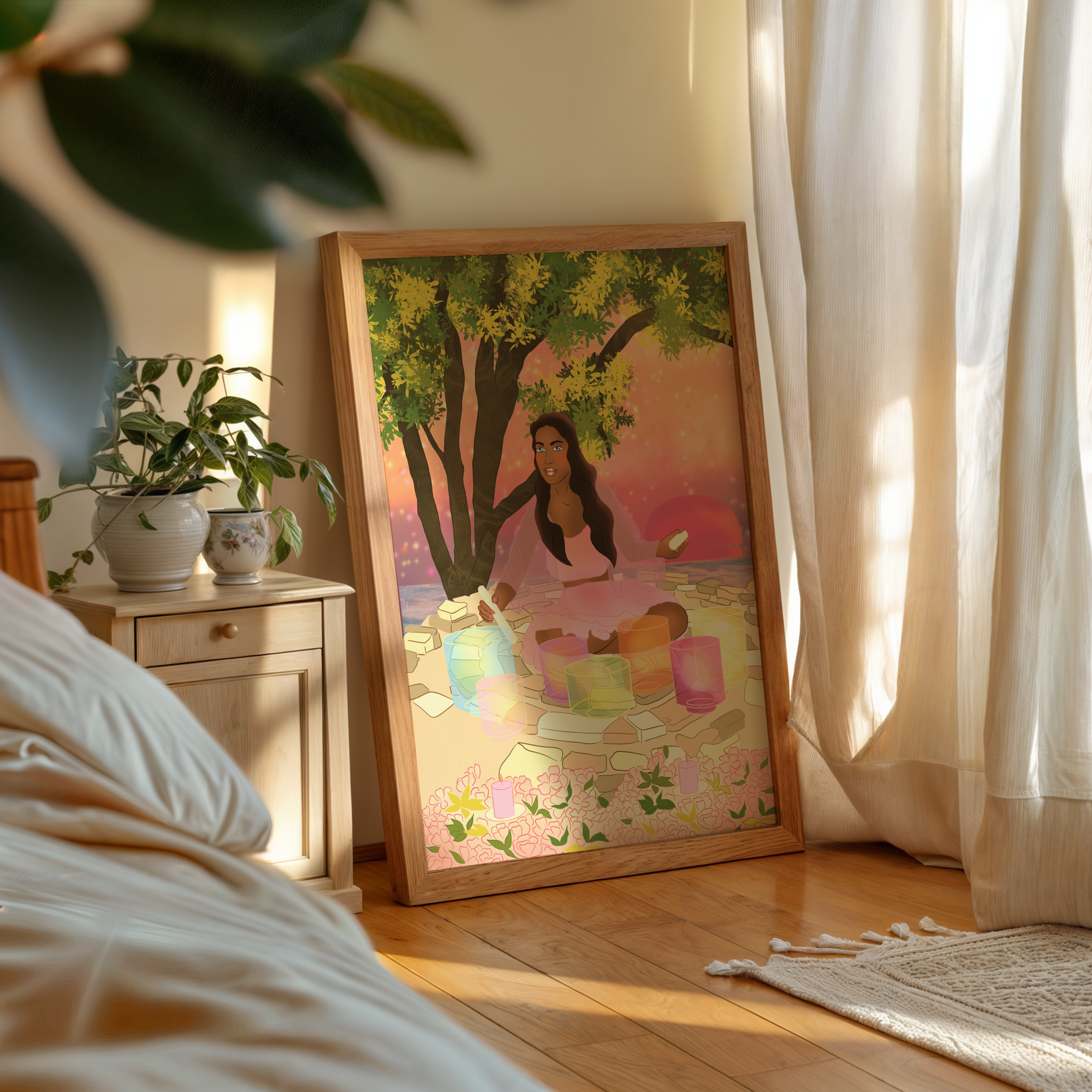 A bedroom with beige curtains, a framed artwork depicting a woman sitting under a tree, surrounded by candles, potted plants on a wooden nightstand, and a woven rug on the wooden floor.