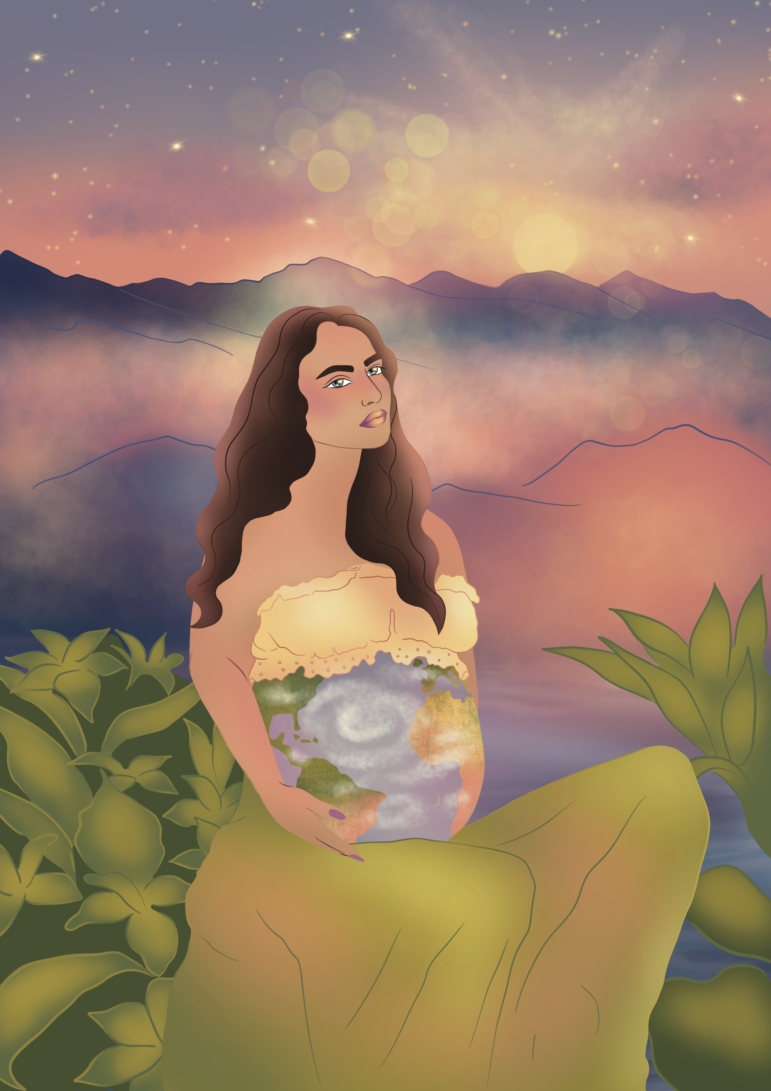A digital illustration of a woman with long brown hair, standing in front of a scenic background of mountains and a colorful sunset sky filled with stars and bright circles. The woman’s body appears to blend with a map of the earth on her torso, surr