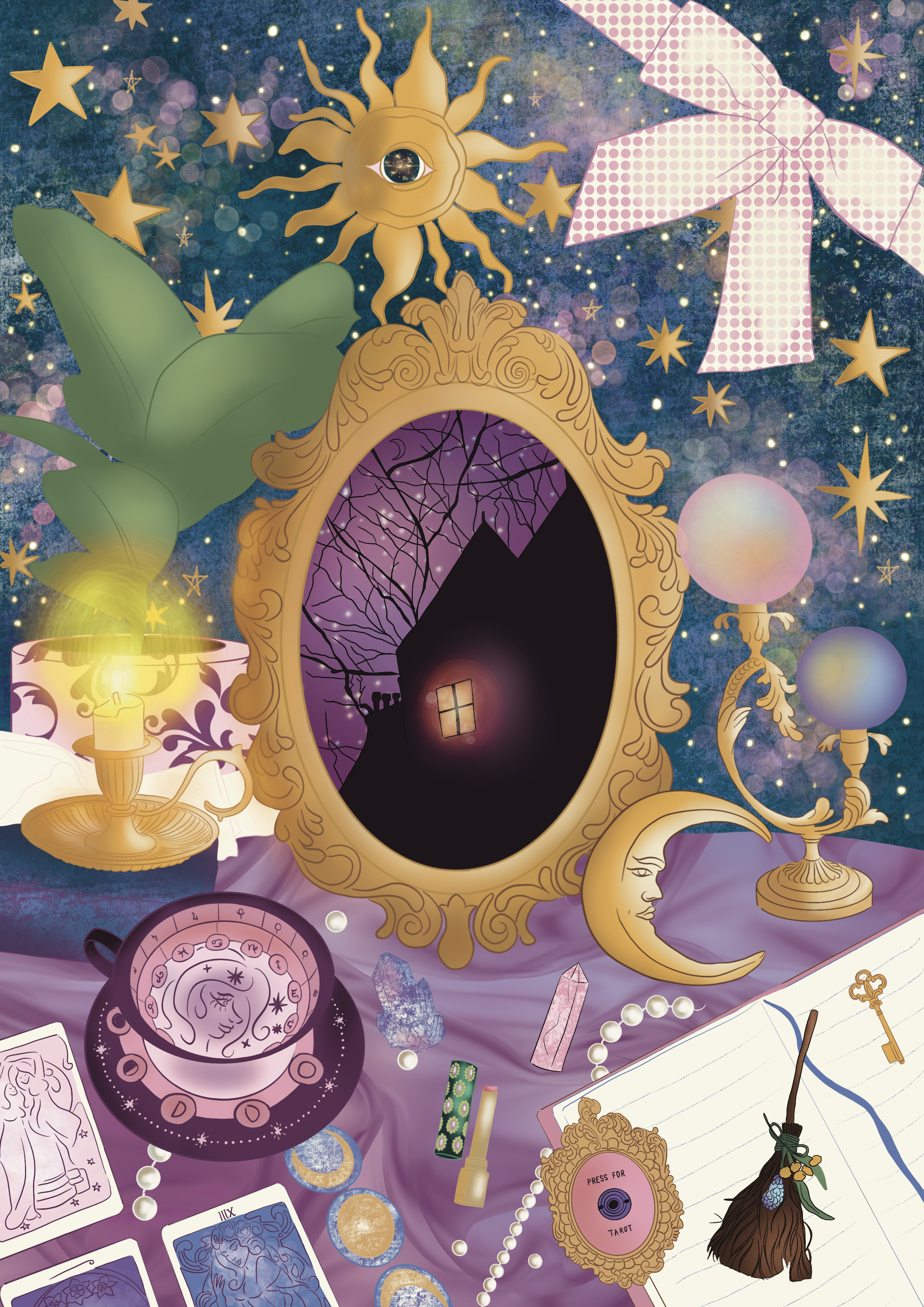 A mystical and celestial scene with a large mirror featuring a window showing a dark sky with trees, surrounded by ornate gold frames. The background is filled with colorful stars, bubbles, and cosmic elements. Various tarot cards, including The Empress and The Moon, are scattered, along with celestial objects like a shining sun with an eye, a crescent moon with a face, and a glowing crystal ball. Other items include a lit candle, a pearl necklace, magical dice, and a notebook with a magical wand and fennel sprig on top.