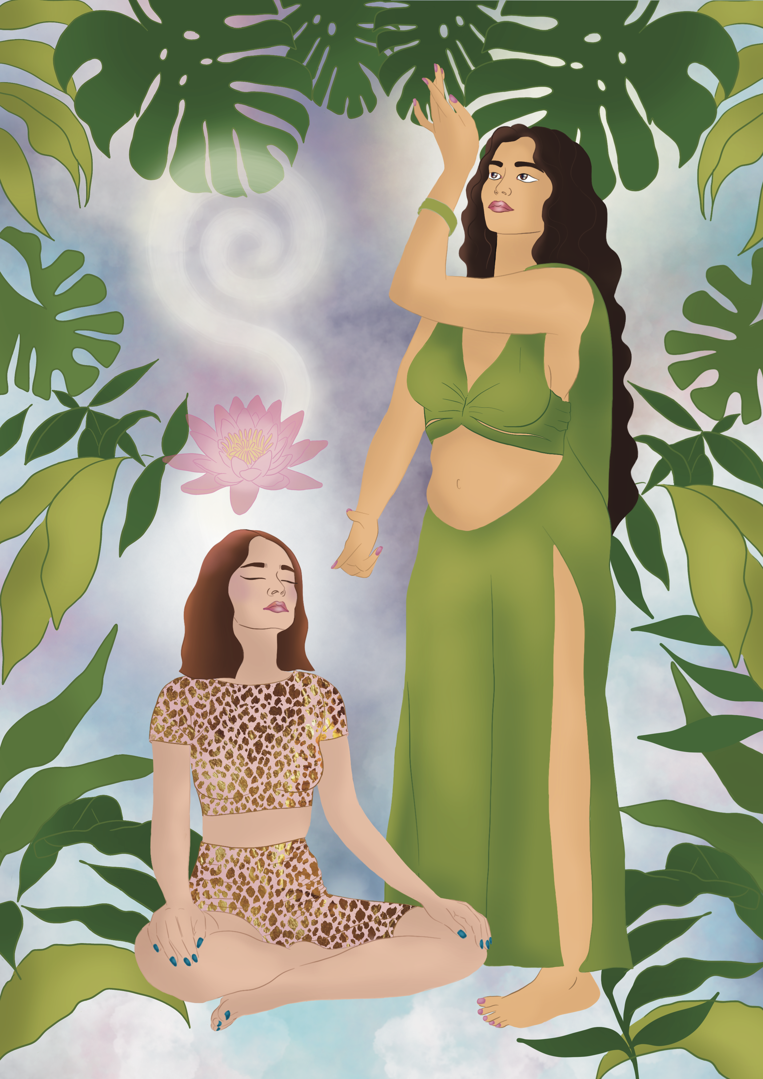 Illustration of two women in a lush, tropical environment with large green leaves and a pink lotus flower. One woman is sitting cross-legged with eyes closed, wearing a leopard-print outfit. The other woman, standing and taller, is dressed in green w
