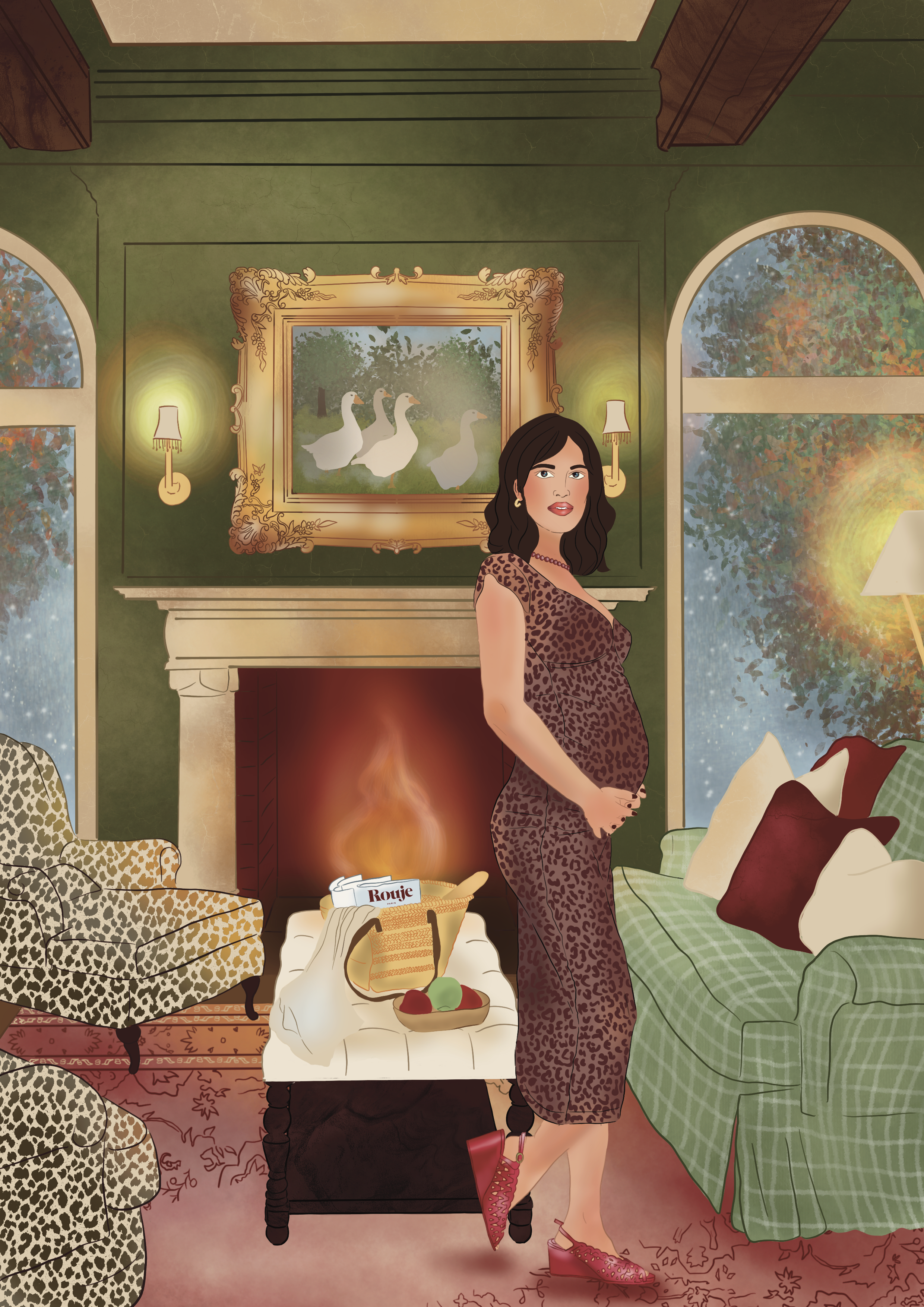 A woman with dark wavy hair, wearing a leopard print dress and pink high-heeled shoes, stands in a cozy, decorated living room. The room features a fireplace with a painting of ducks above it, two wall-mounted lamps, a leopard print armchair, a table