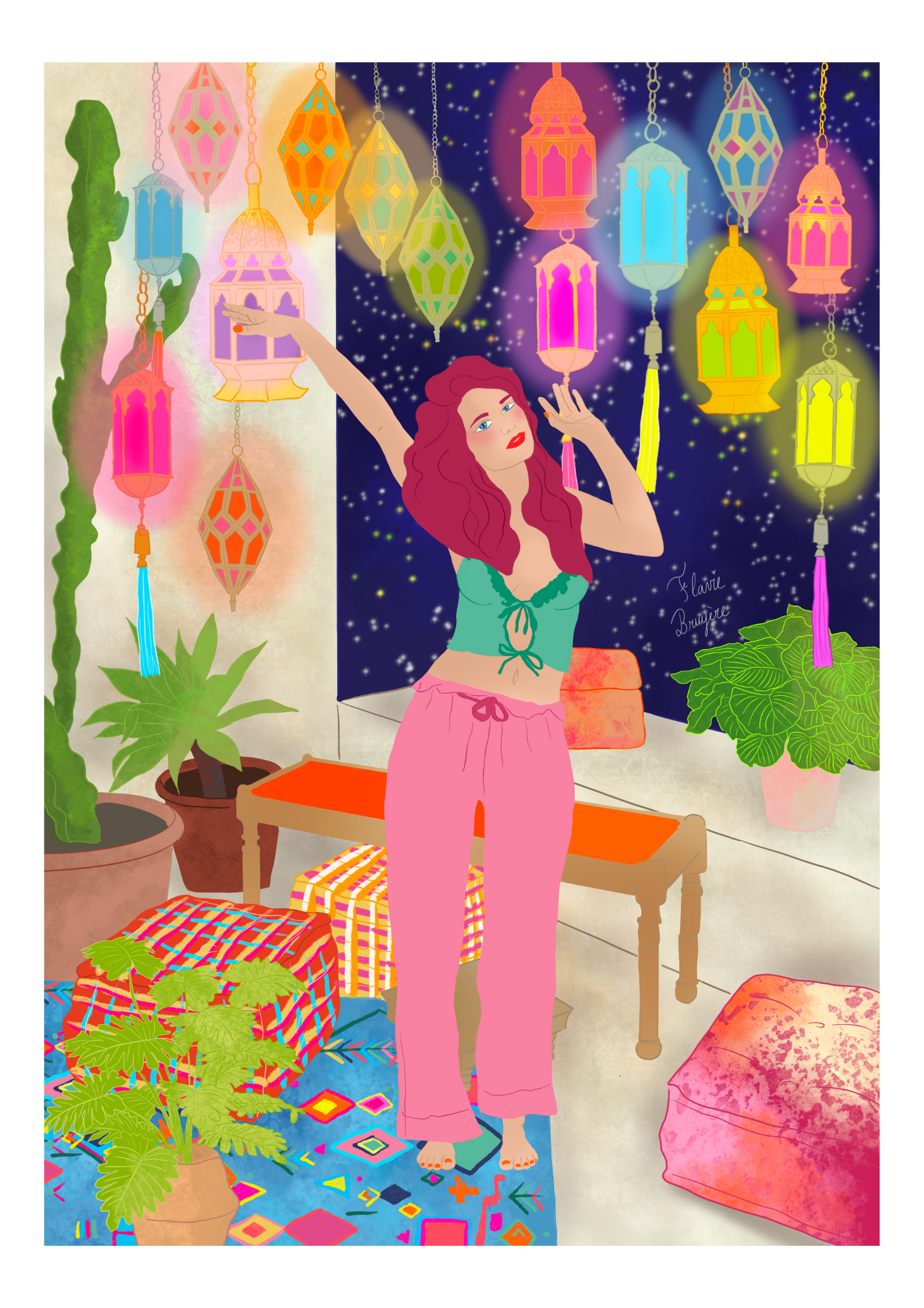 A woman with long red hair standing indoors at night, surrounded by colorful hanging lanterns, potted plants, vibrant rugs, and cushions, with a starry sky visible through a window.