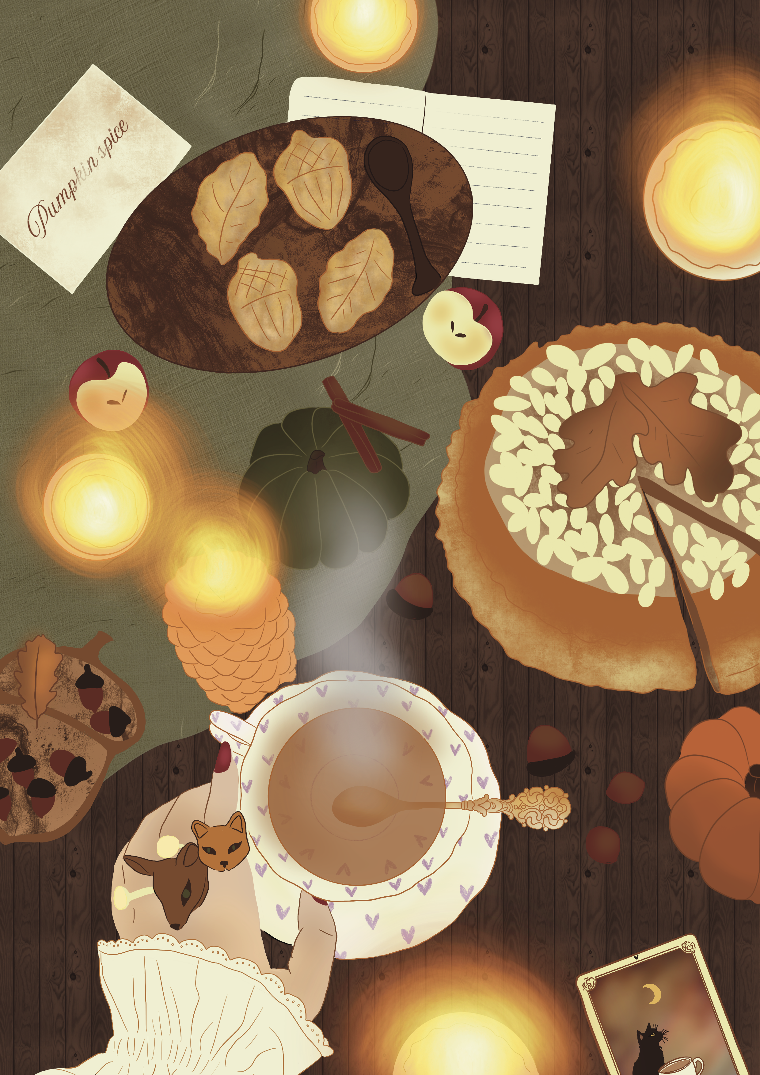 A cozy fall table setting with pumpkins, apples, cookies, baked pie, tea, and candles. There are also tarot cards and a notebook. The scene is warm and inviting, with warm lighting.
