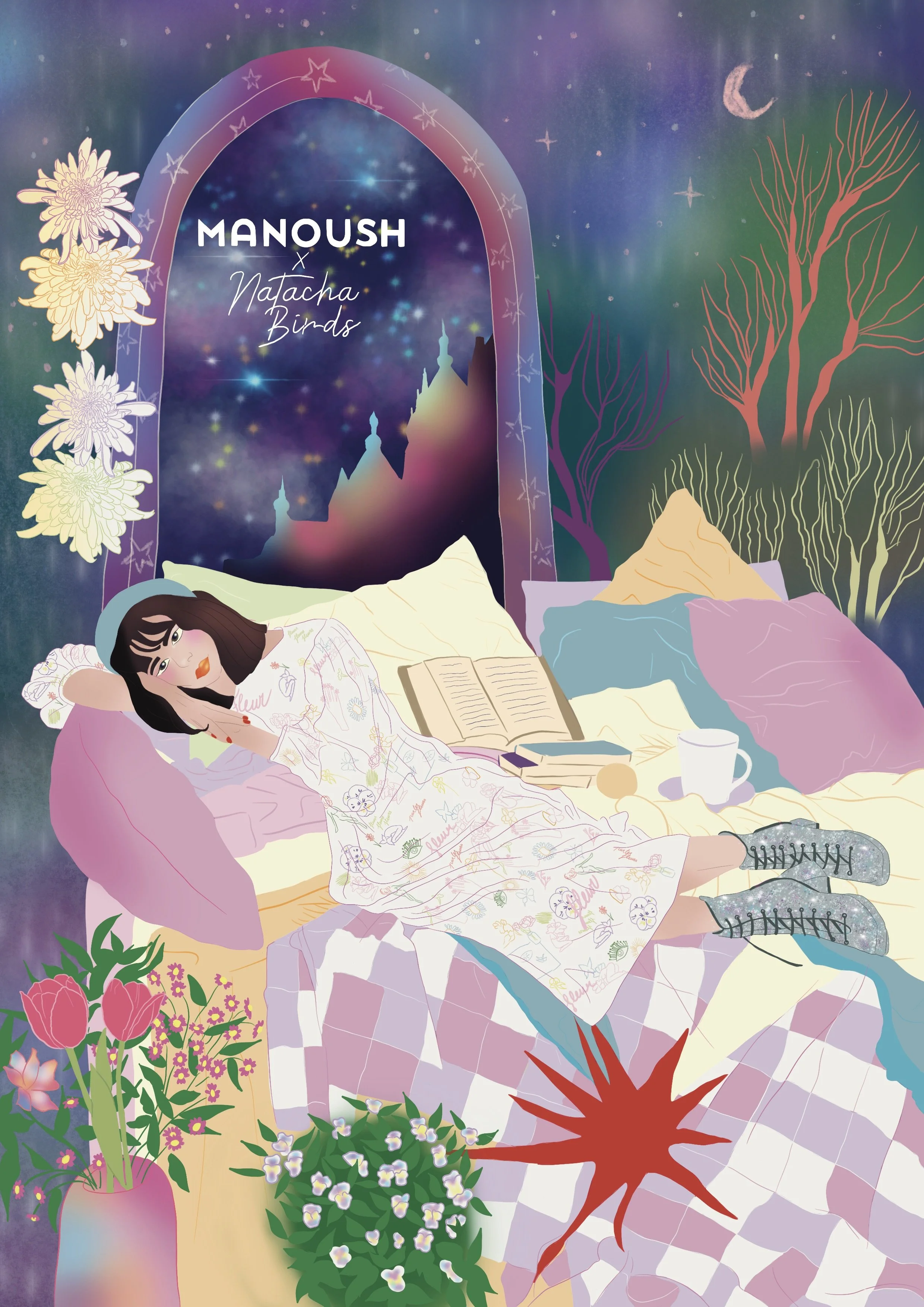 Illustration of a girl with dark hair lying on a bed with pastel-colored pillows, surrounded by vibrant flowers and plants, with a starry night sky and a rainbow in the background. The scene includes a window-like arch with the text "MANOUSH x Natach