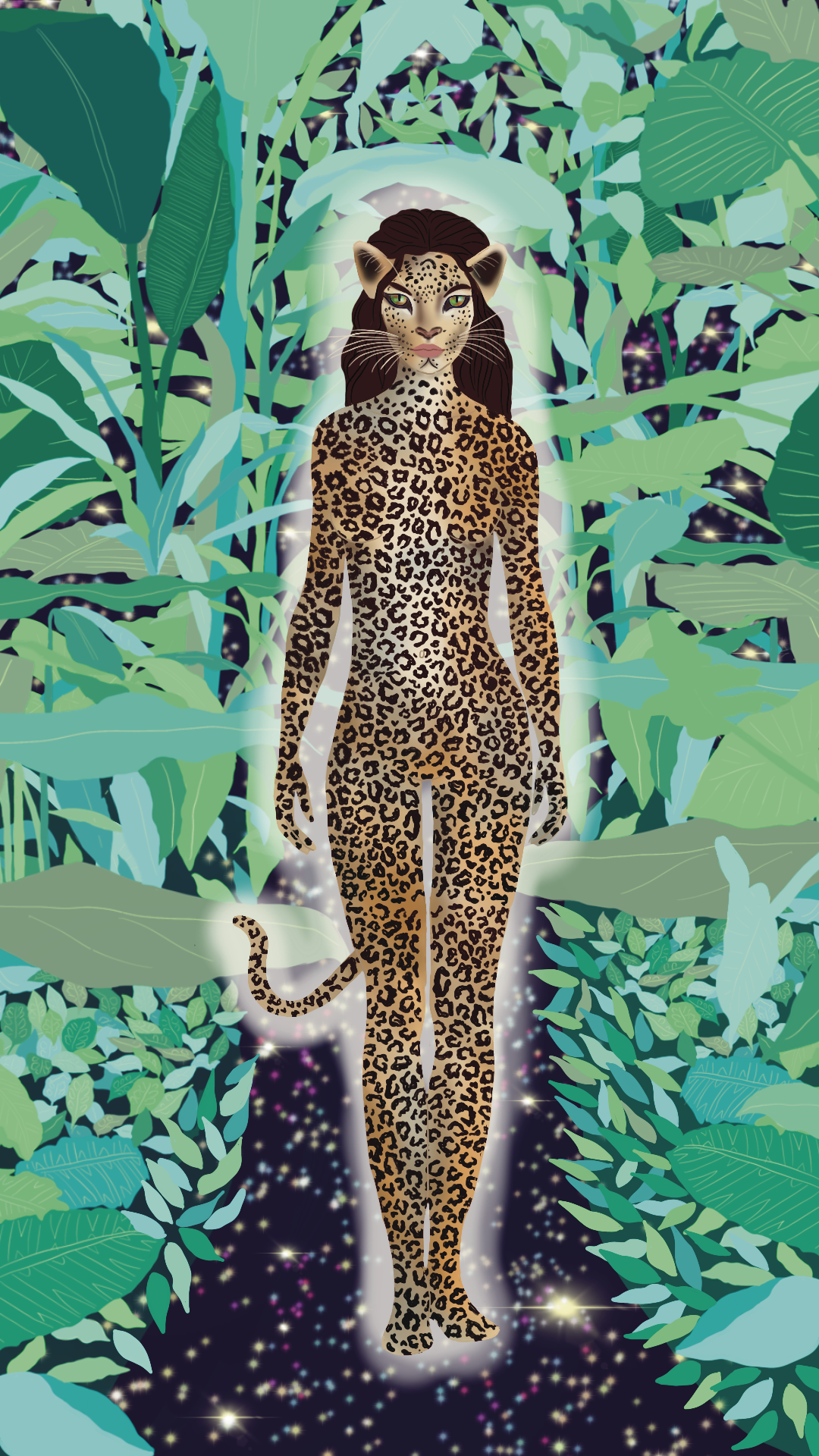 A humanoid figure with the body of a leopard walking through a lush jungle, surrounded by large green leaves and glowing sparkles.