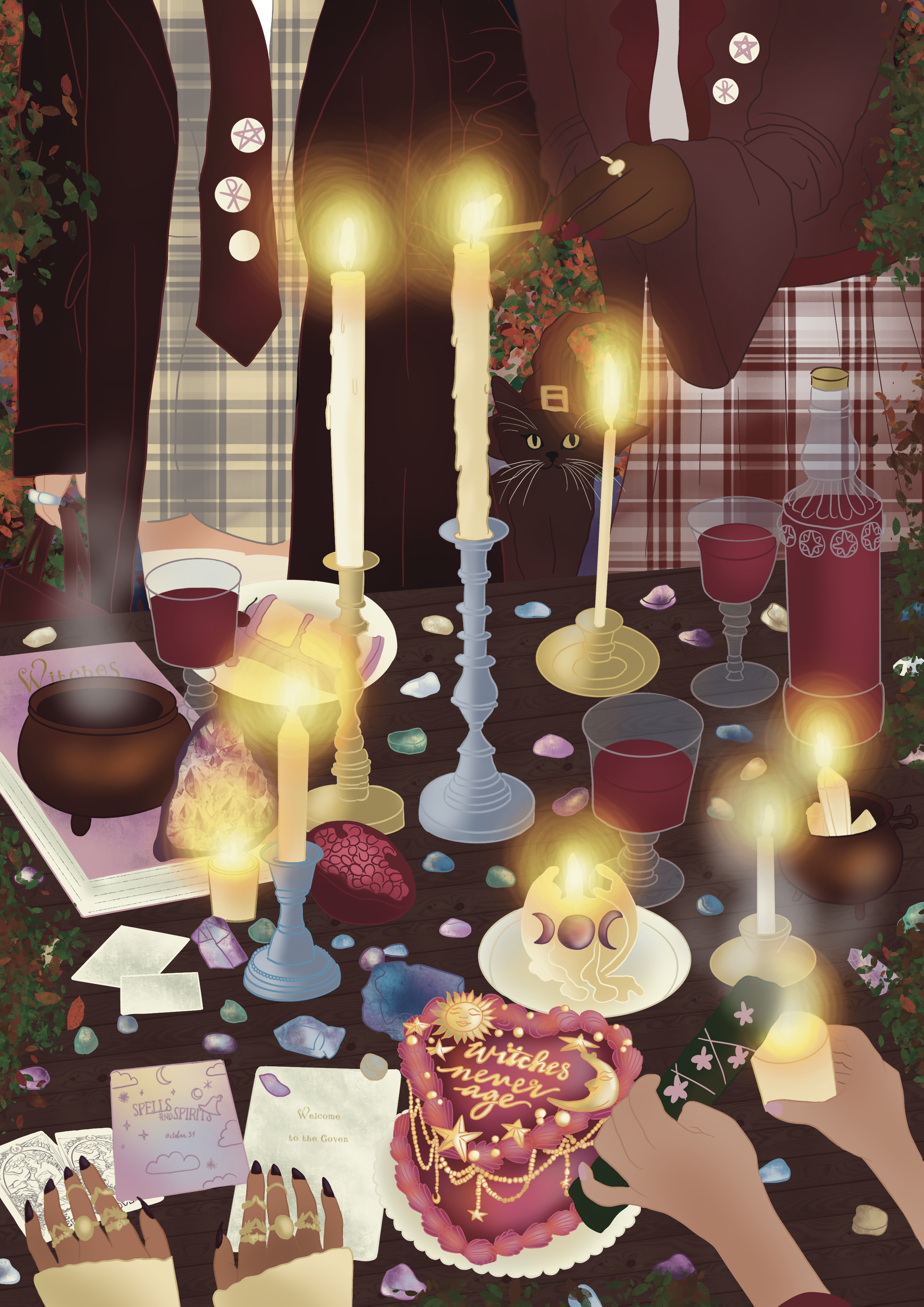A table decorated for a witch-themed celebration with candles, crystals, a black cat, spell books, and potion bottles. Hands are placing a decorated cake with the words "Witches never age" on the table. The scene includes scattered gemstones, candles