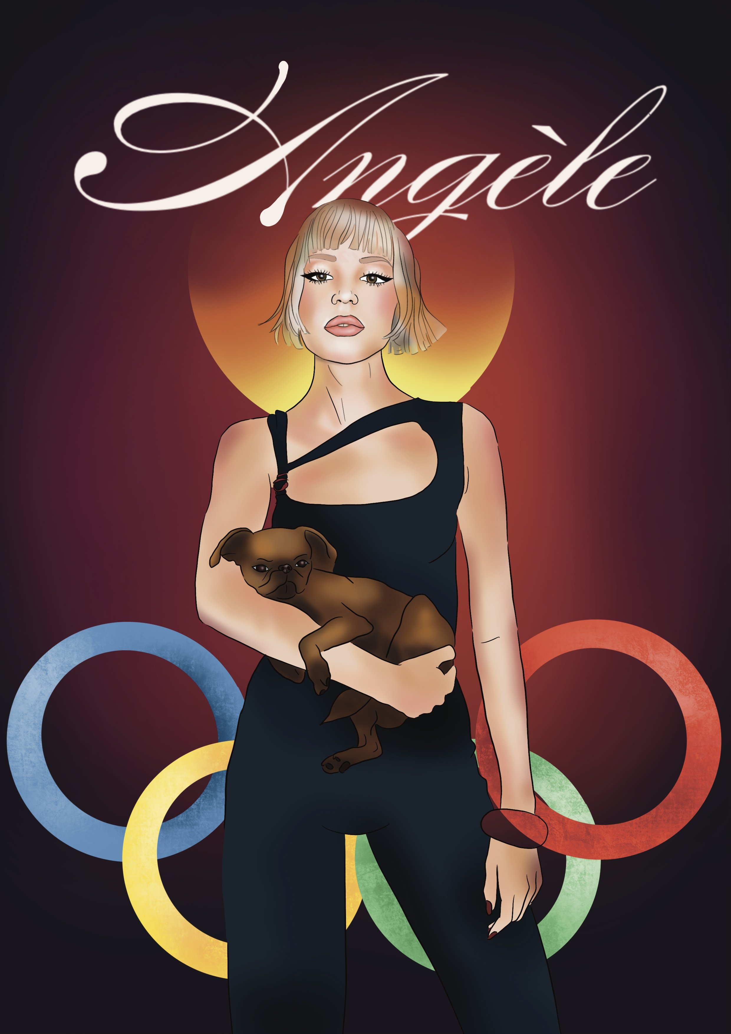 Digital illustration of a woman with short blonde hair, wearing a black dress and holding a small dog, standing in front of a dark background with colorful Olympic rings and the word 'Yagle' written above with a sunset-like glow.