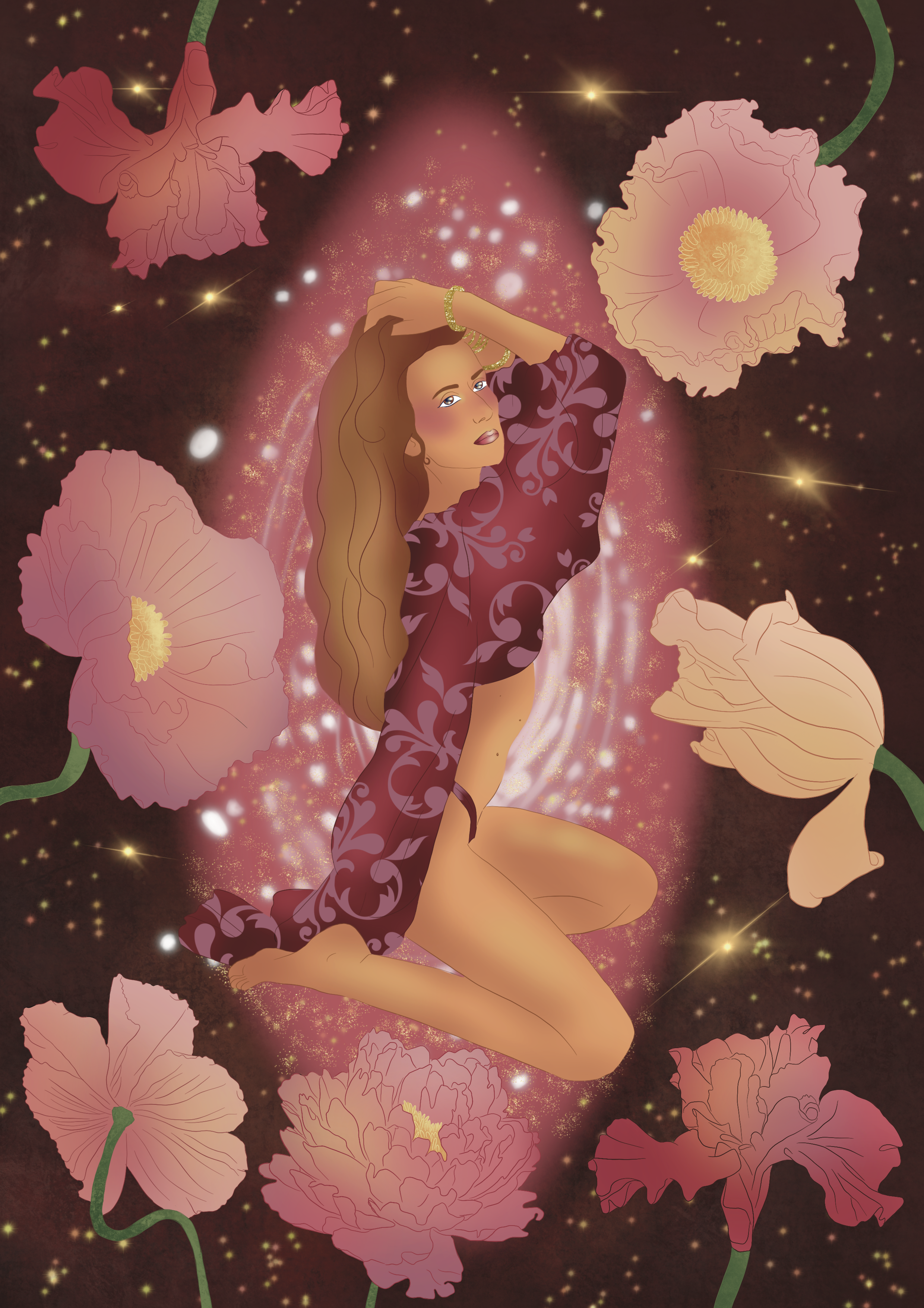 A digital illustration of a woman with long wavy hair, sitting among large pink and peach poppy flowers with green stems, surrounded by a starry, glittering background.