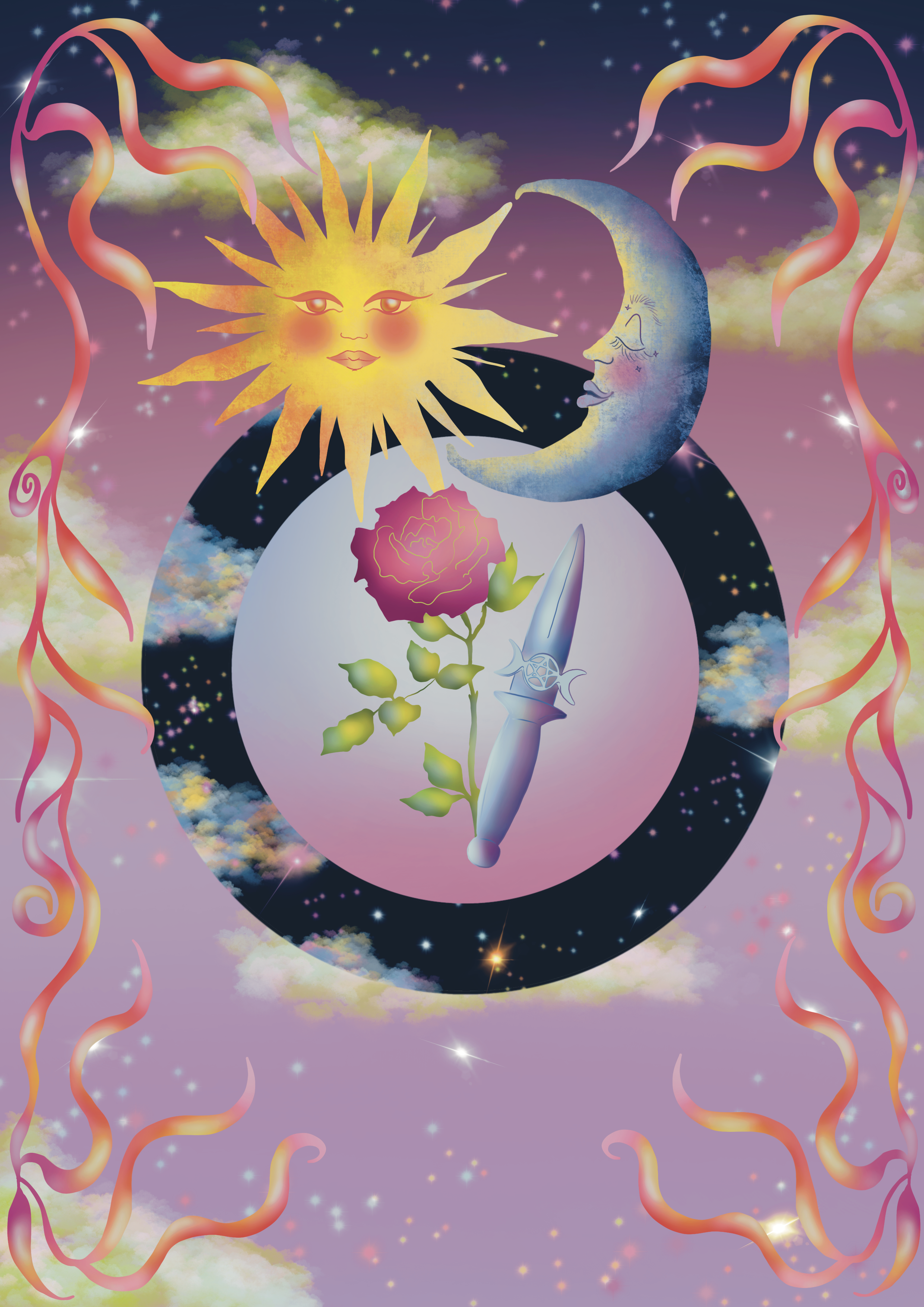 A whimsical, surreal illustration featuring a sun with a face and a moon with a face, surrounded by colorful swirling ribbons and clouds, set against a starry sky with a gradient purple background.