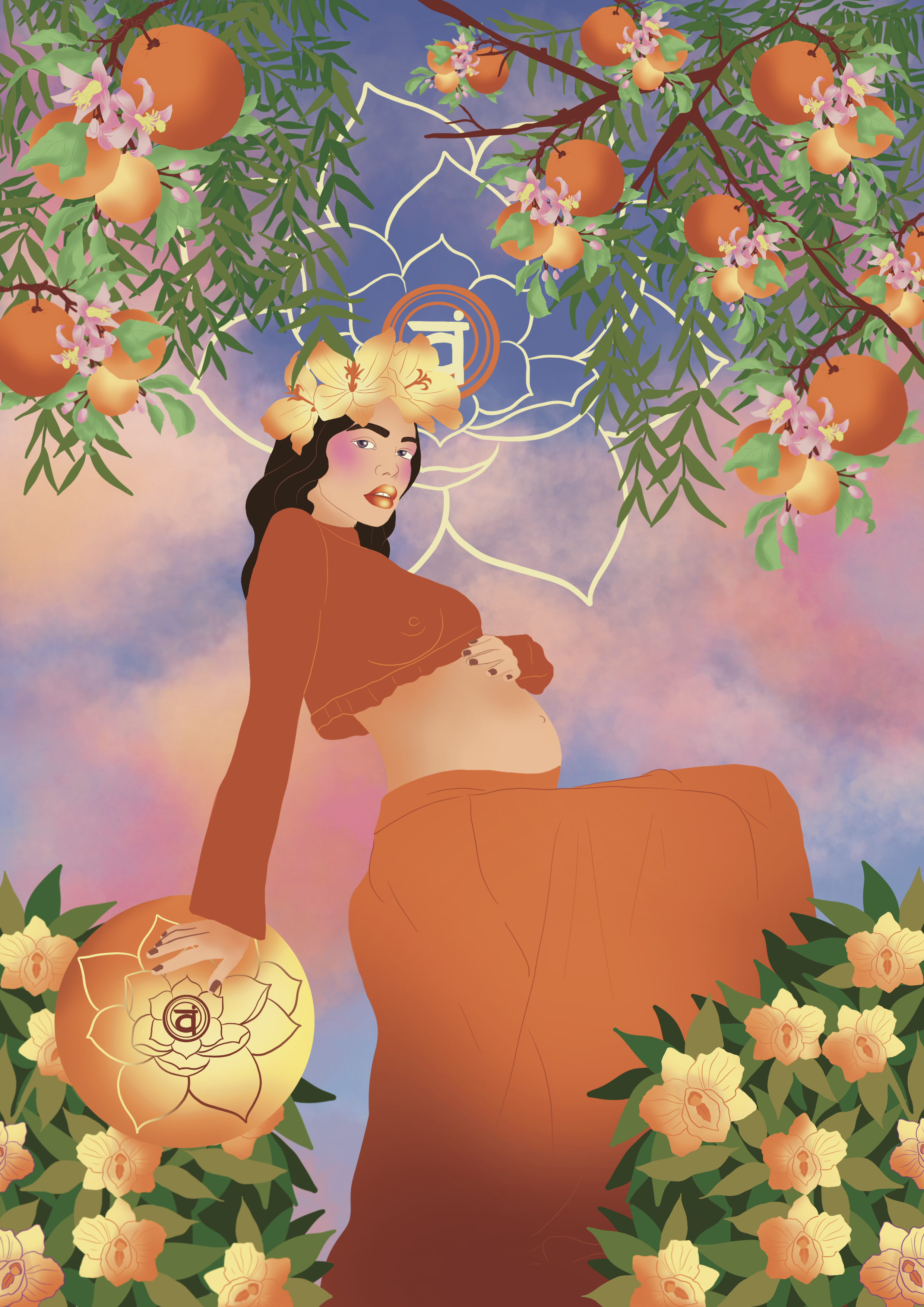 Digital illustration of a woman with dark hair, wearing an orange top, surrounded by orange flowers, green leaves, and branches. There is an abstract background with a gradient sky of purple, pink, and blue hues, and illuminated orange orbs with Chinese characters and floral designs.