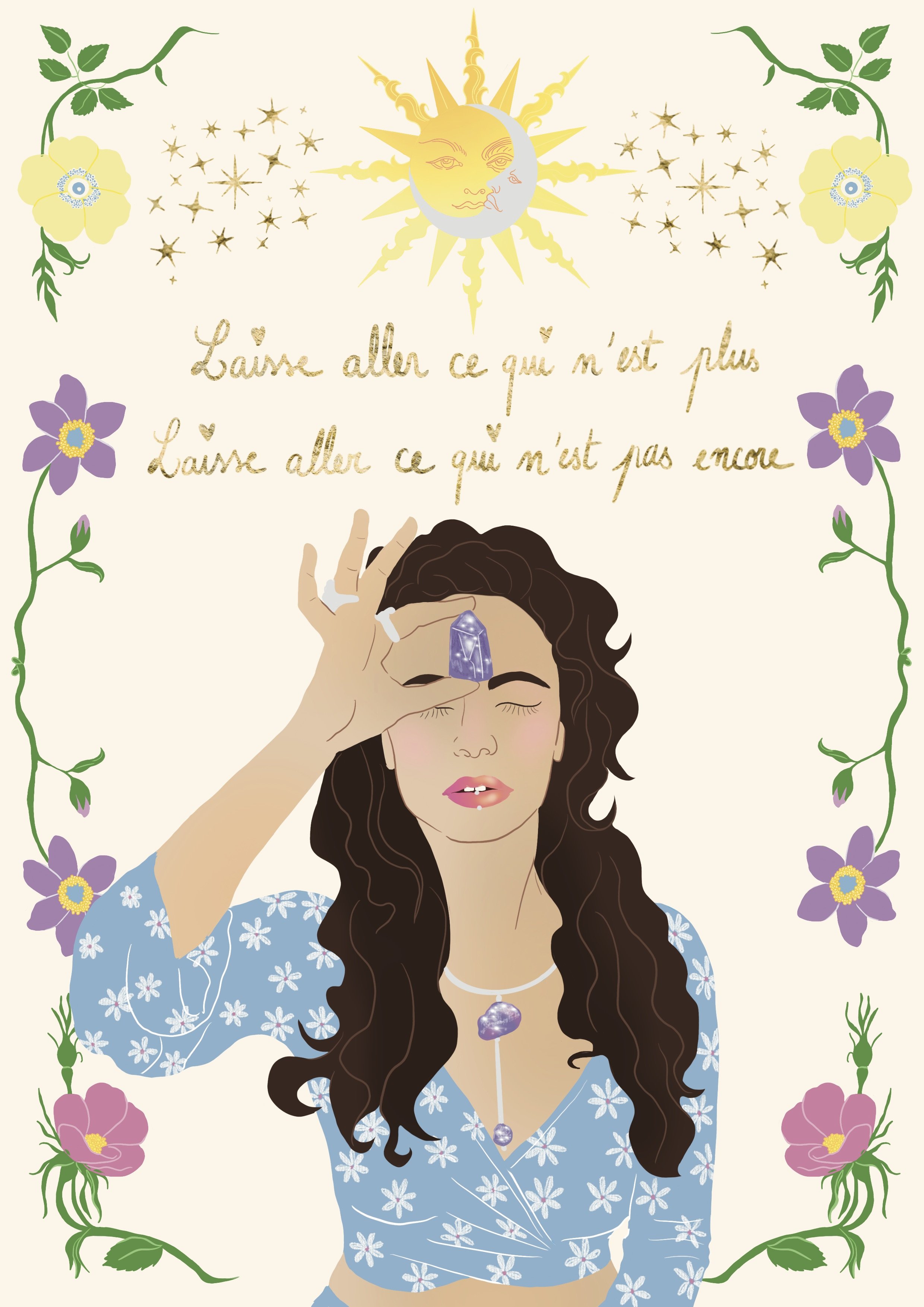 Illustration of a woman with long curly dark hair and closed eyes, holding a large purple gemstone to her forehead. She wears a blue floral dress with white flowers and a matching necklace. The background features a sun with a moon face at the top an