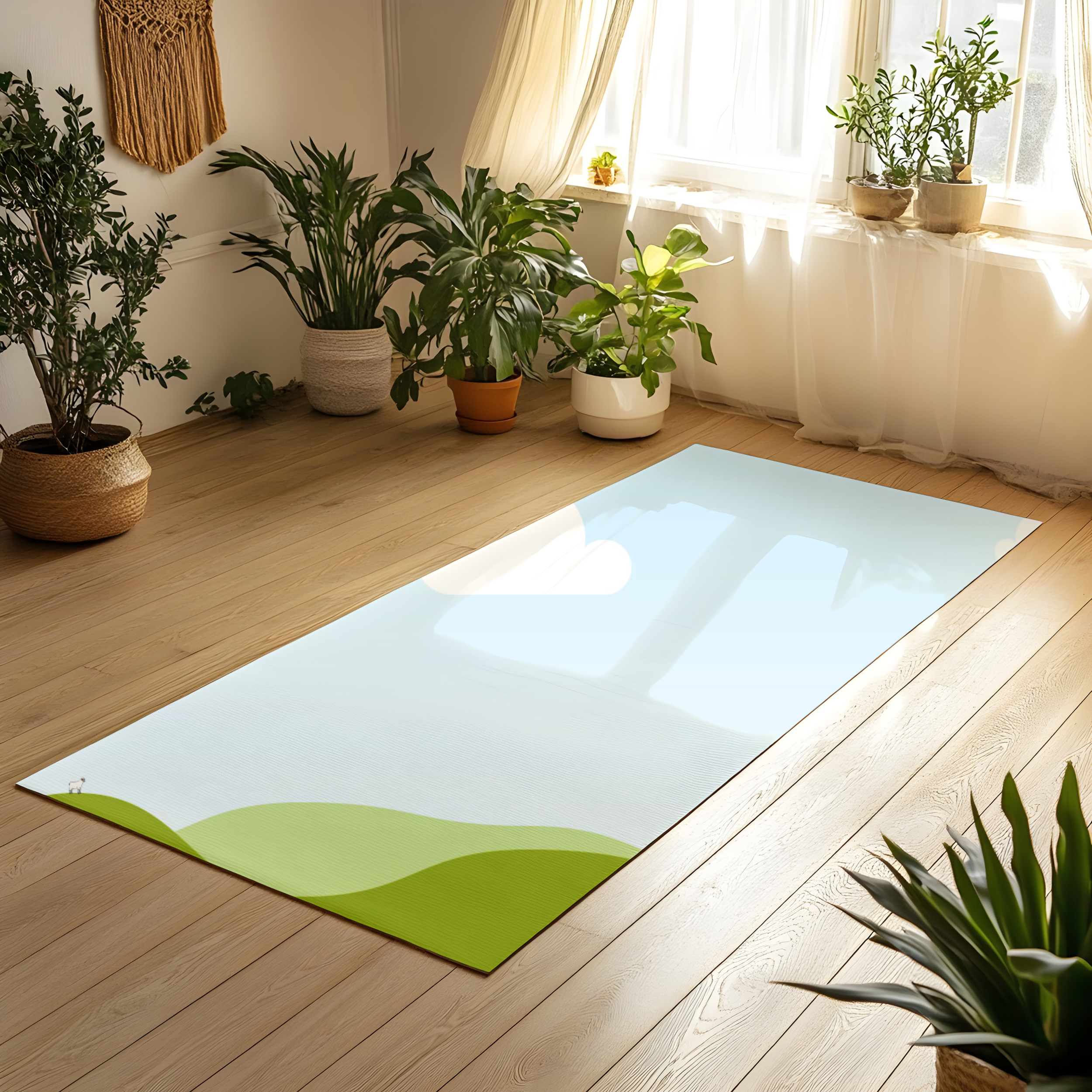 Sunlit room with a wooden floor, several potted plants near a window with cream-colored curtains, and a white yoga mat on the floor.