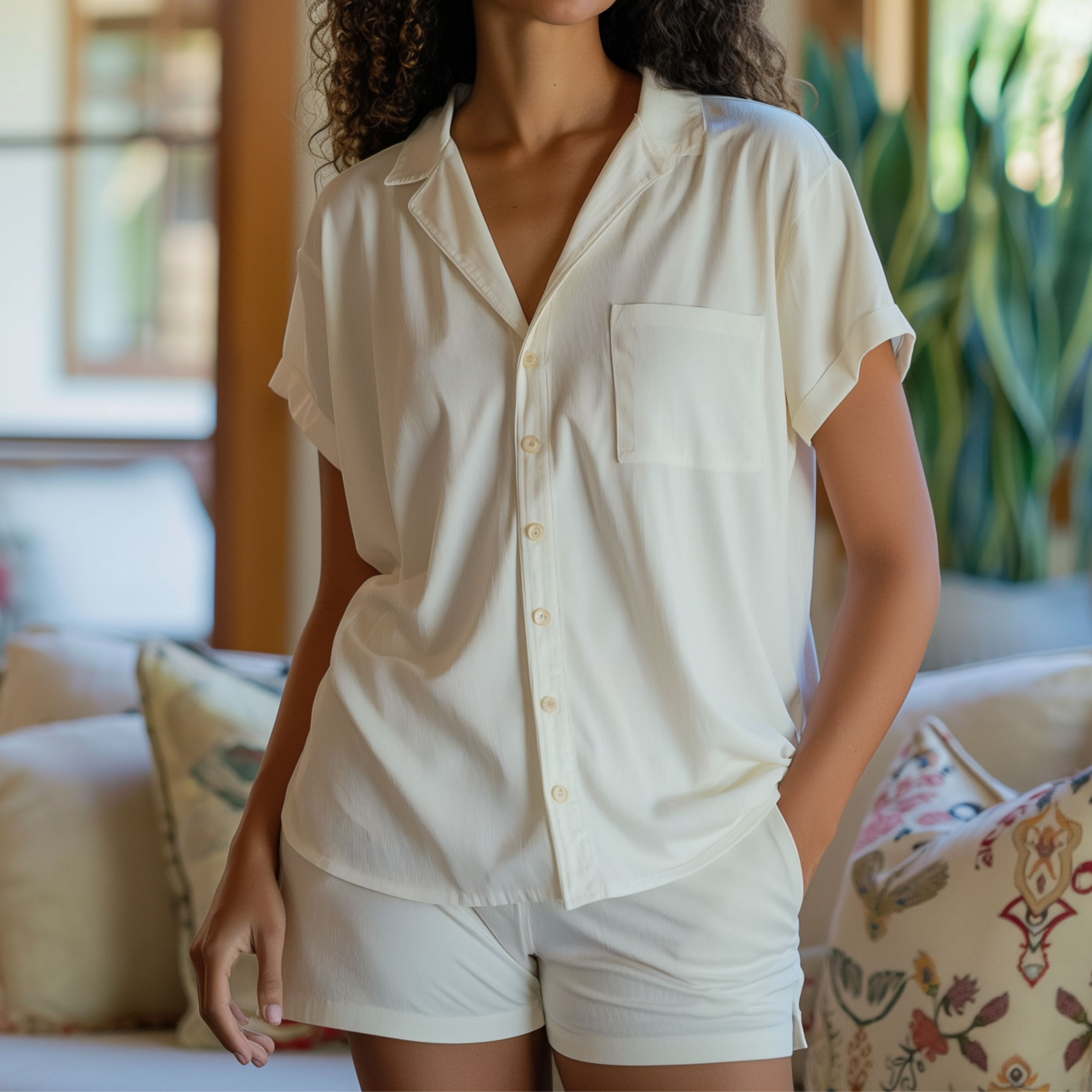 Person in a cream-colored short-sleeve button-up shirt and matching shorts, standing indoors with greenery in the background.
