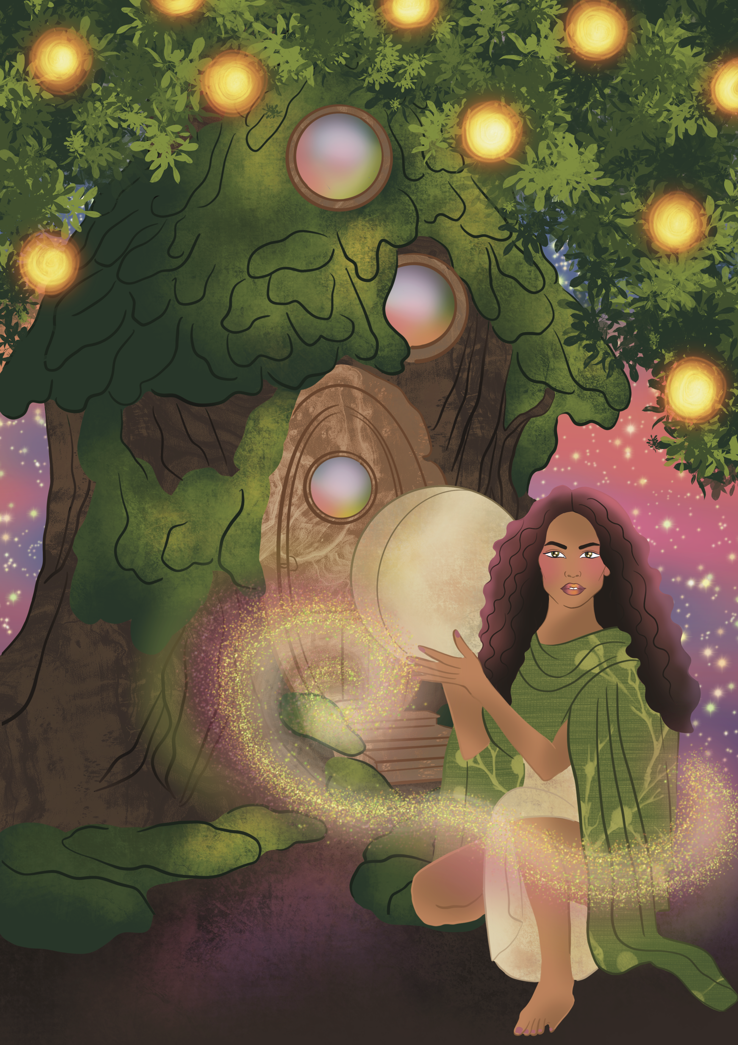 A woman with long curly hair wearing a green dress stands in front of a large, magical tree with glowing orbs and symbols, surrounded by sparkles and colorful light effects.