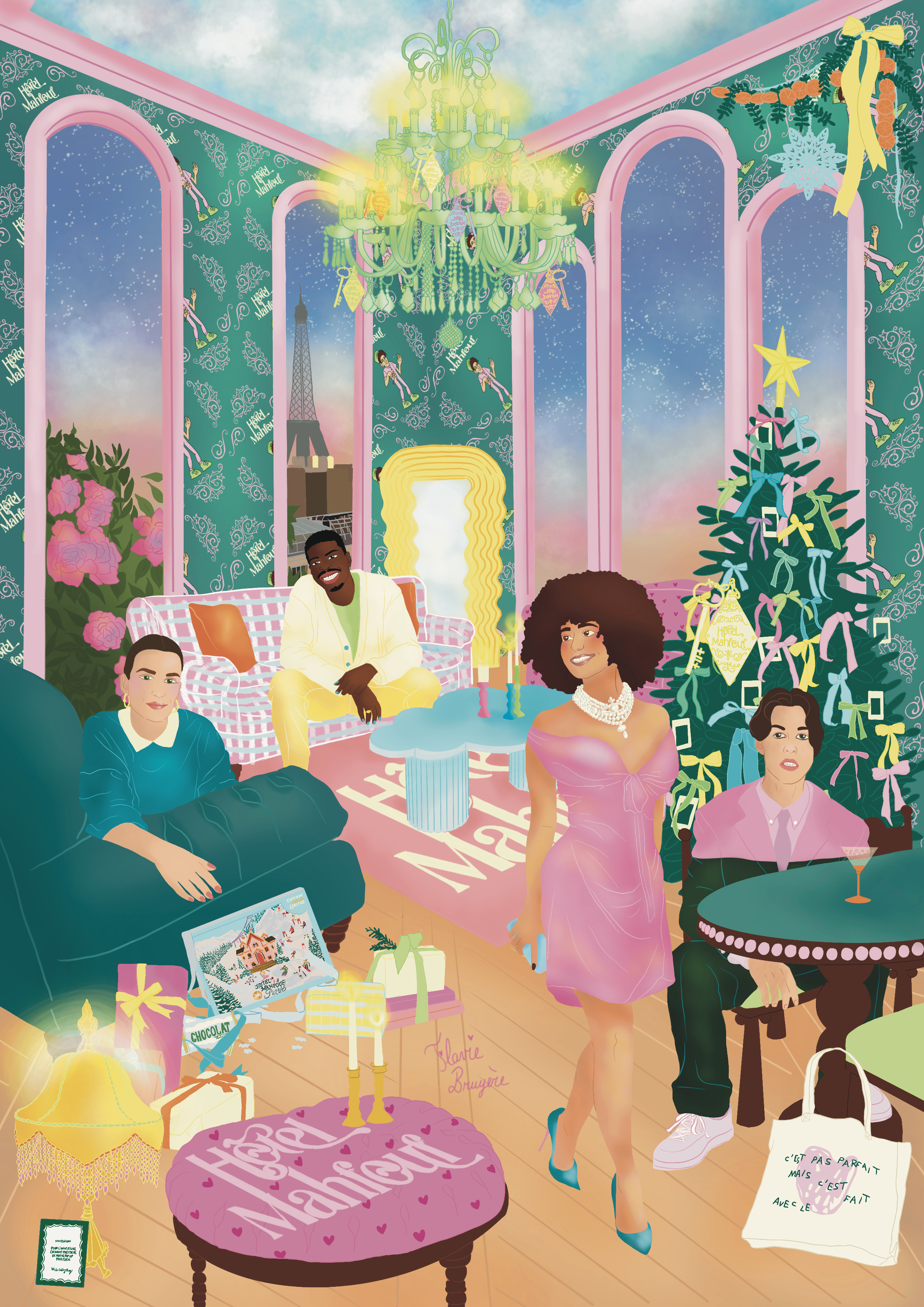 Illustration of a festive indoor celebration with women in elegant attire, decorated Christmas tree with ribbons and bows, large chandelier, gifts, and Paris-themed background including the Eiffel Tower.