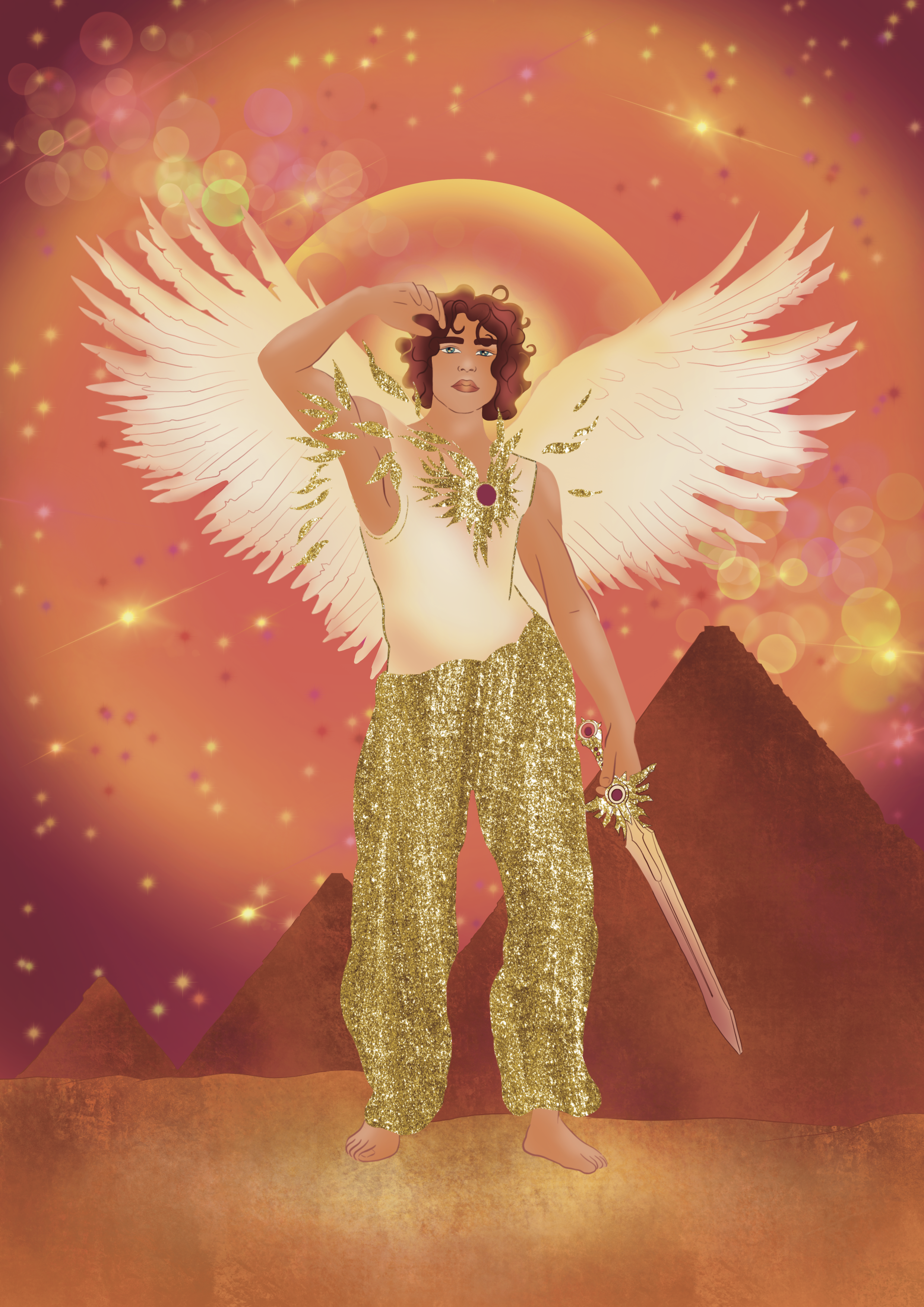 An artistic digital illustration of a woman with large white wings, standing in front of pyramids at sunset or sunrise. She is dressed in glittery gold pants, a sleeveless top, and gold accessories. She has curly brown hair and is saluting with her right hand, holding a sword in her left hand.