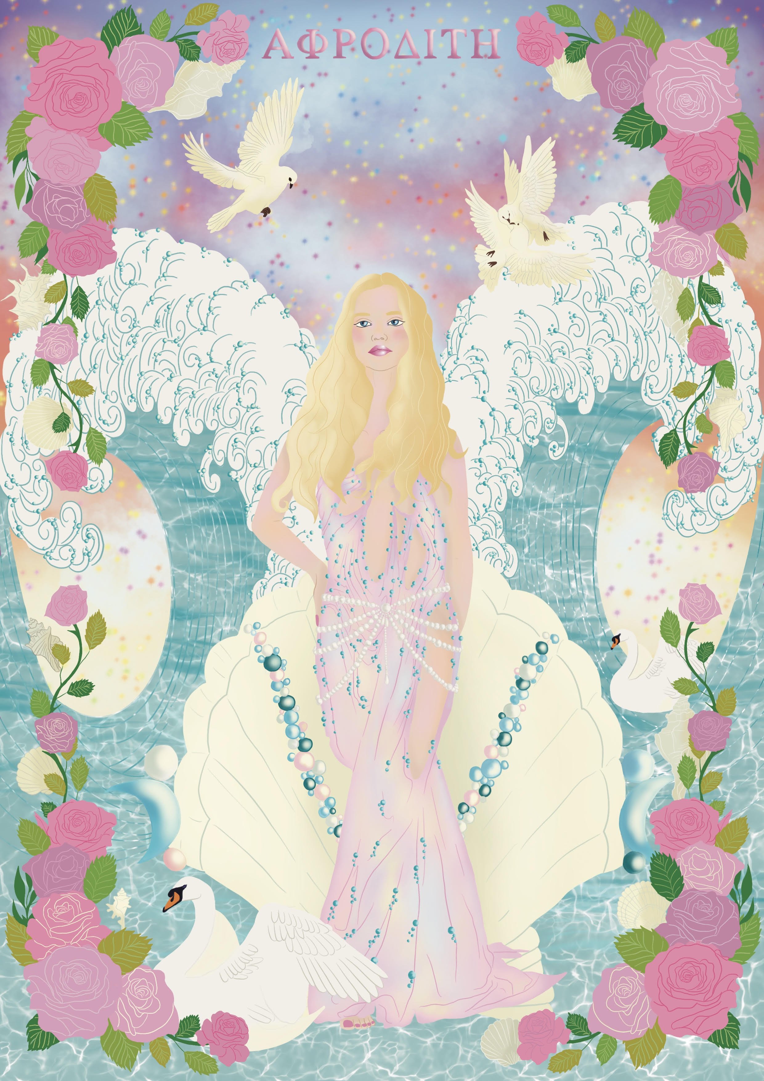 An illustration of a serene angelic woman with long blonde hair, wearing a pink gown adorned with beads, standing amidst white lily flowers on a large lily pad. Two white swans and two white doves are present, with the doves flying above and the swans floating on water. Pink roses and green leaves border the scene, with colorful confetti-like dots in the background and the Greek letters "ΑΦΡΟΔΙΤΗ" at the top, indicating Aphrodite.