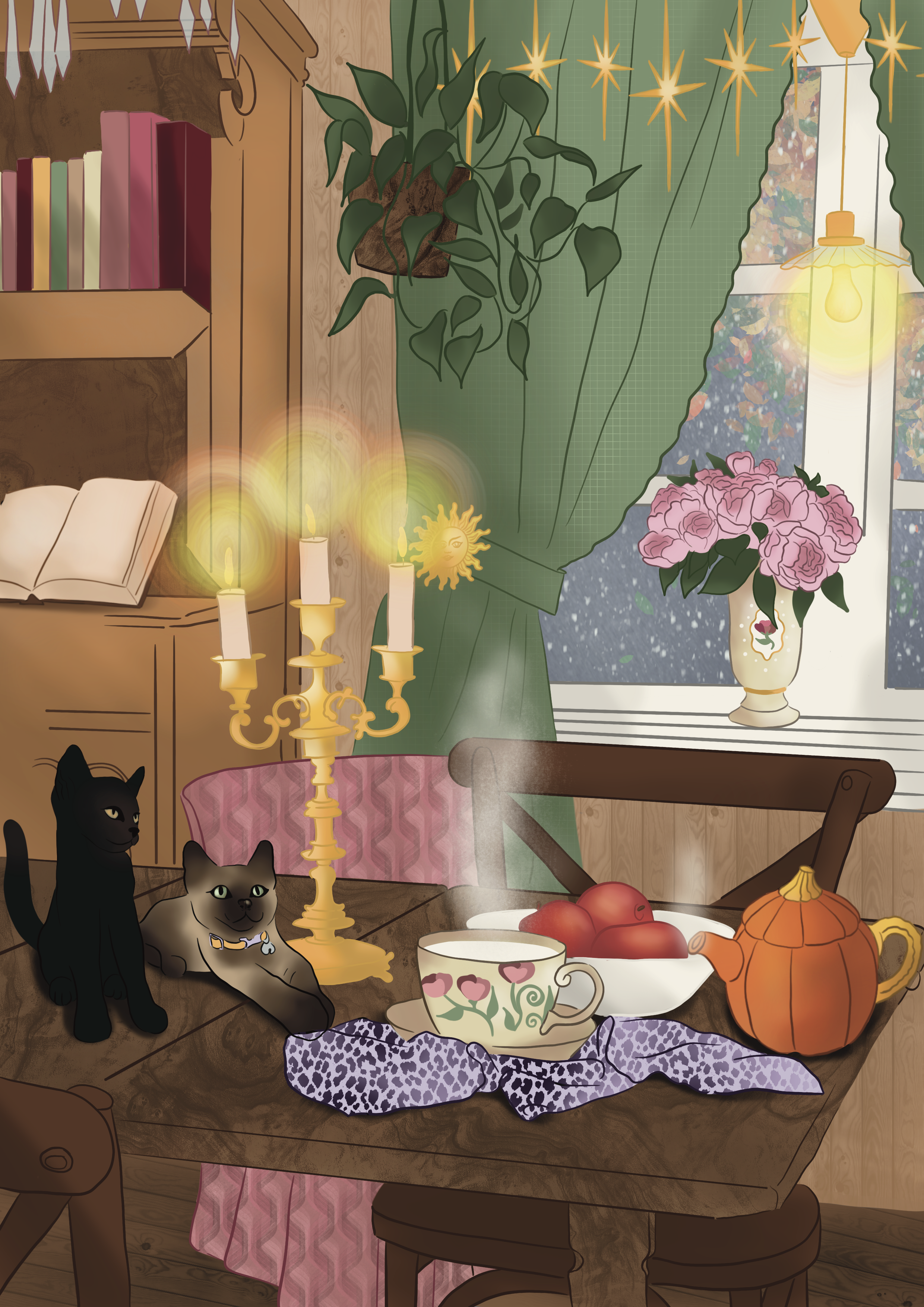 A cozy kitchen table setting with a pumpkin, apples, a cup with pink hearts, a bowl of berries, and a purple leopard print cloth, with two cats resting on the floor nearby, candles, a potted plant, and a window with green curtains and pink peonies in a vase.