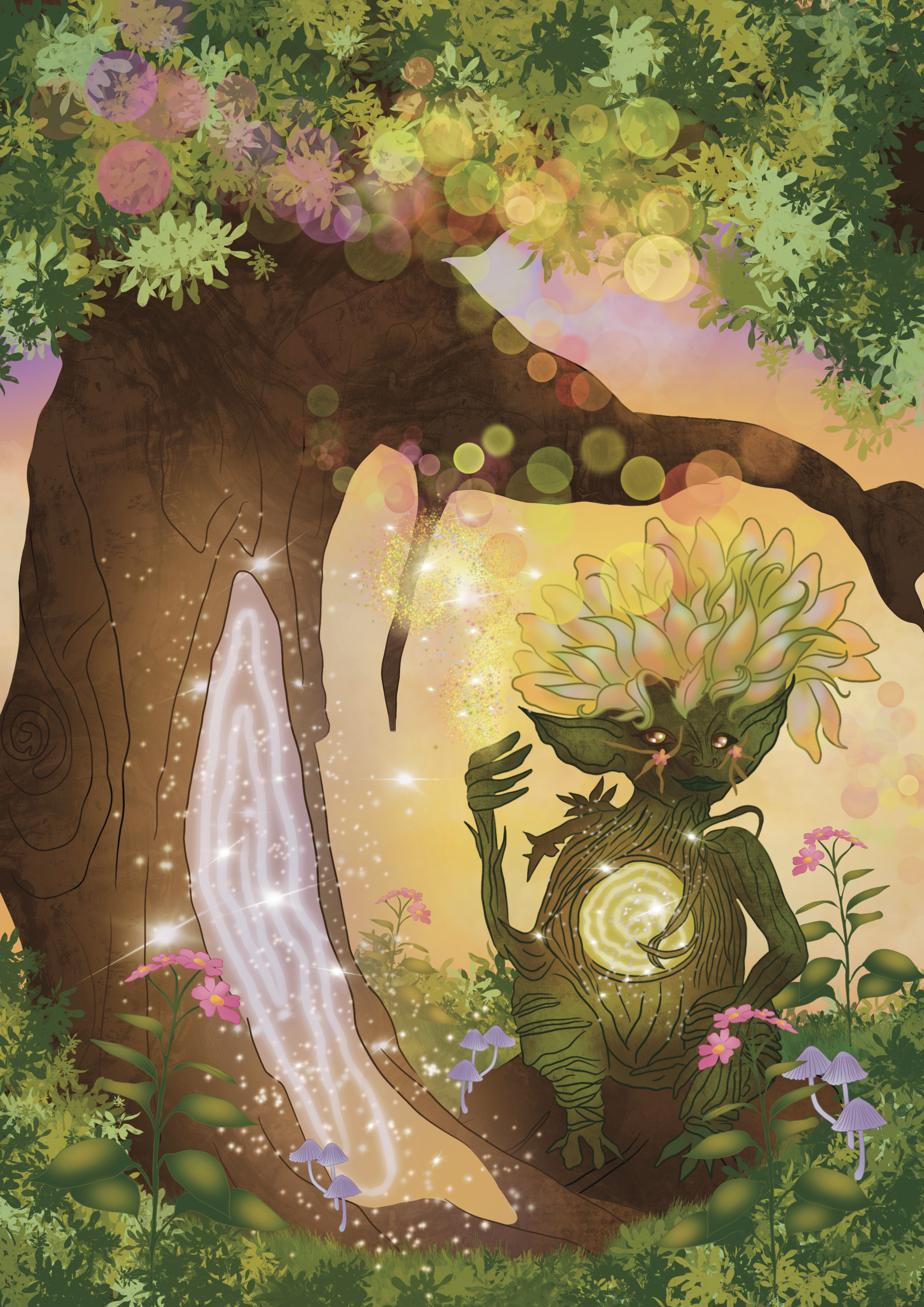A mystical scene featuring a large, ancient tree with glowing waterfalls flowing from its trunk, surrounded by lush greenery, colorful flowers, mushrooms, and a fairy-like creature with floral and earthy features holding a small flower.
