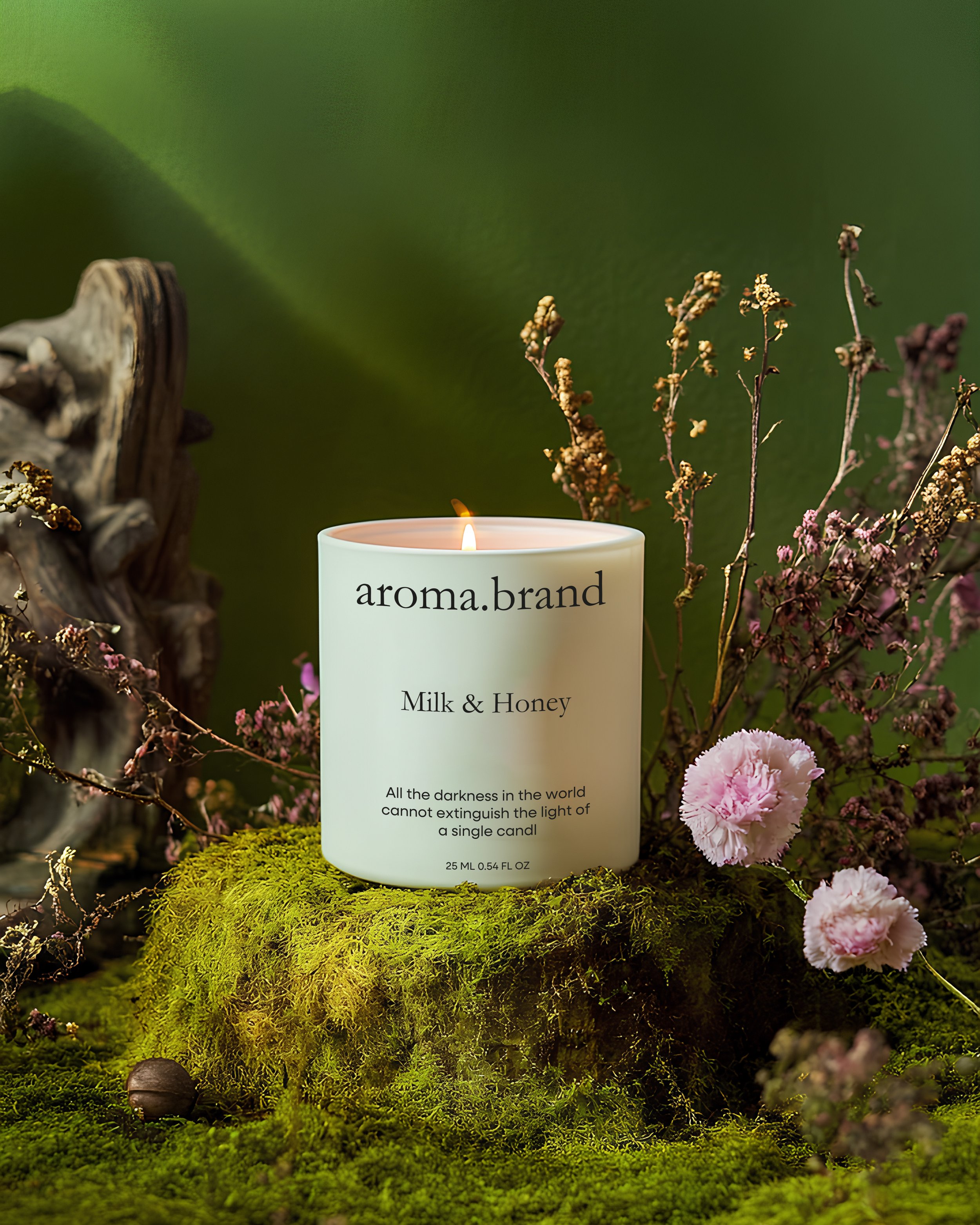 A white candle with black text at the center reads 'aroma.brand Milk & Honey.' The candle is surrounded by sprigs of dried flowers, moss, and small pebbles on a mossy green surface. The background is a soft, blurred green.