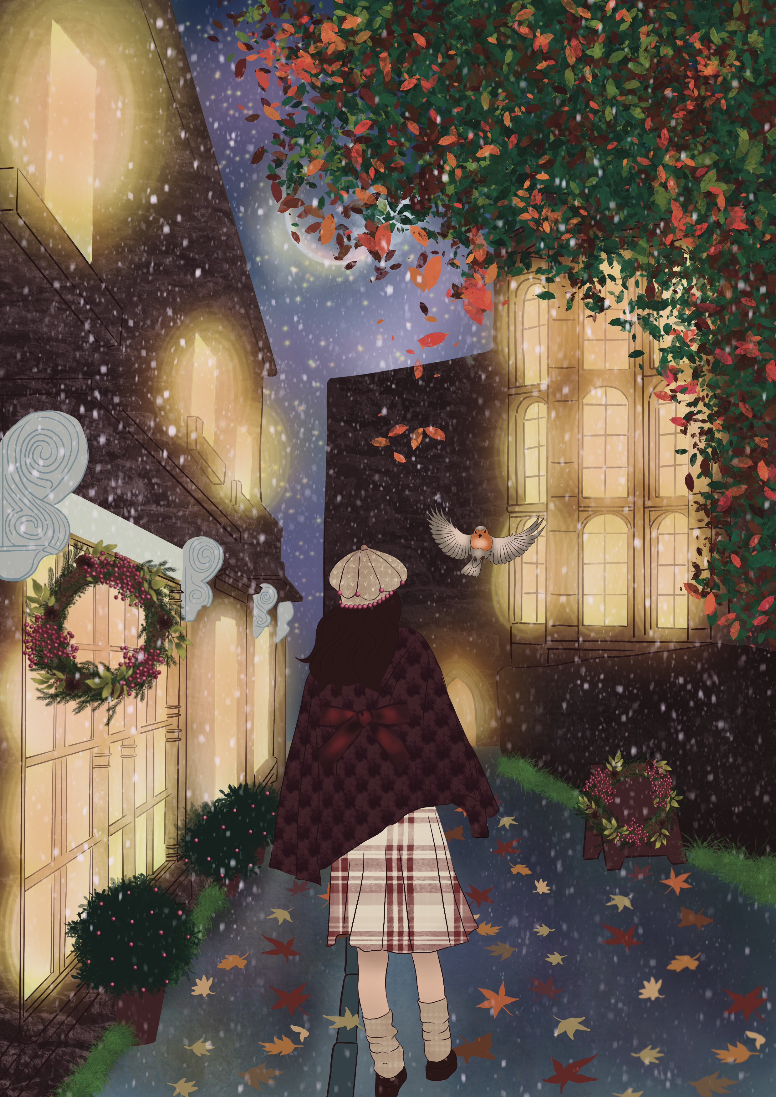 A woman in plaid skirt, knee-high boots, and a dark coat with a bow, holding an umbrella, walking down a snowy, leaf-strewn sidewalk at night, surrounded by warmly lit buildings and a large tree with red and green leaves, snow falling.