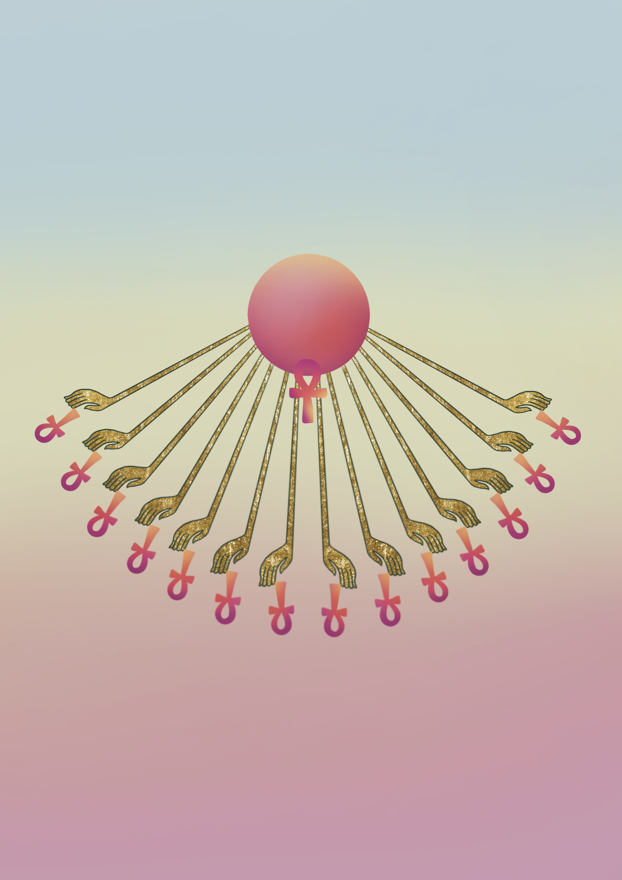 A digital illustration of a pink orb with a gender symbol pendant hanging from it. Multiple golden arms with hands, each holding a pink gender symbol, radiate outward from beneath the orb. The background features a gradient sky transitioning from light blue at the top to soft pastel pink at the bottom.