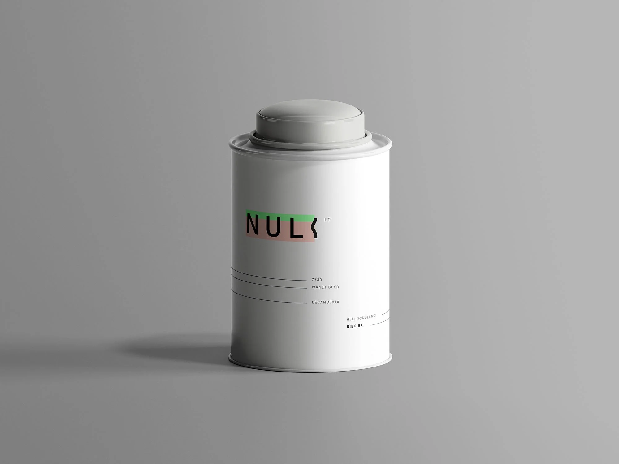 White cylindrical can with a rounded lid, featuring a modern, minimalist design, set against a gray background.