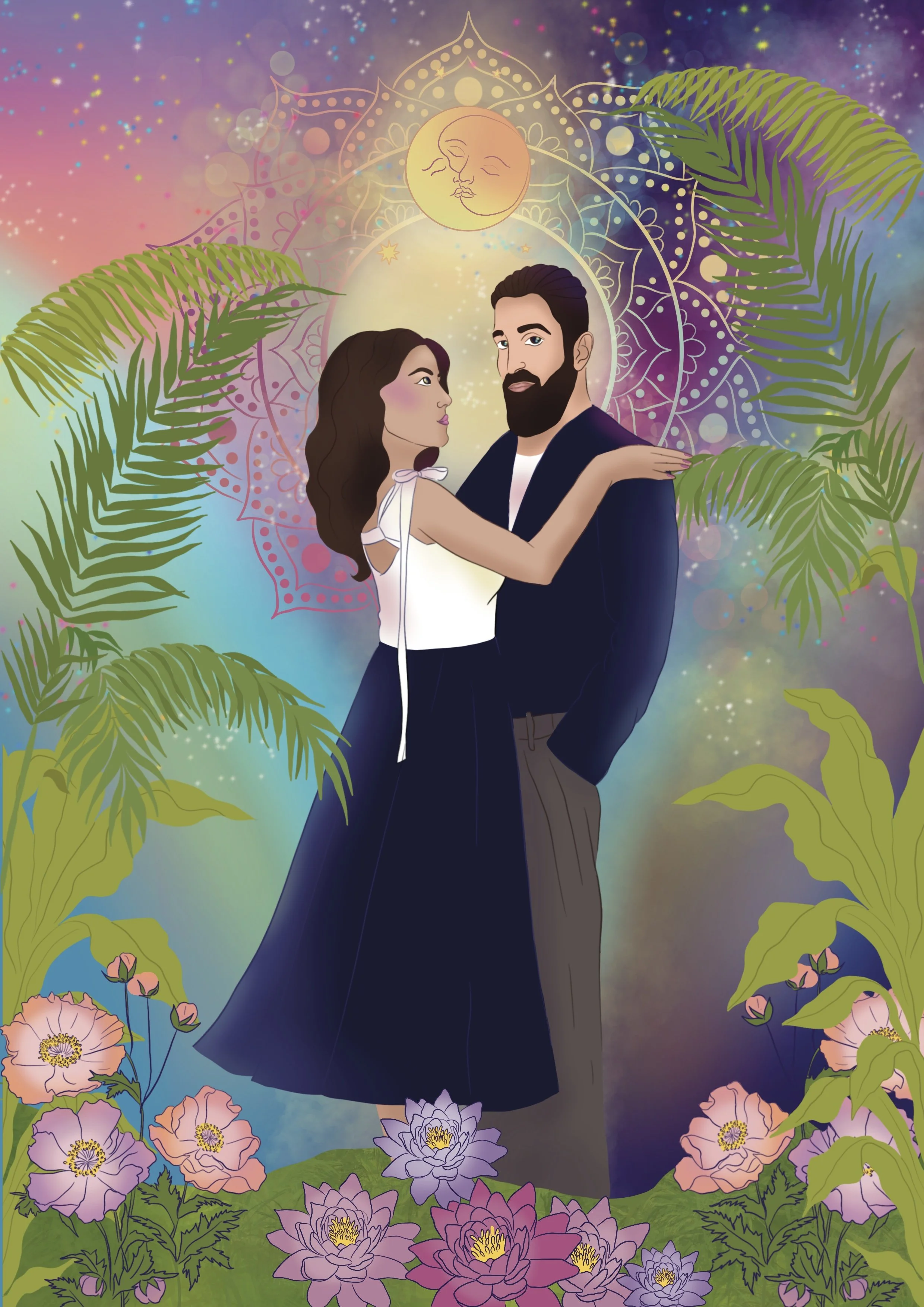 A digital illustration of a man and woman gazing at each other, surrounded by lush colorful flowers and green foliage. Behind them is a circular glowing aura with a celestial moon and face in the sky, set against a pastel-colored, dreamy background w
