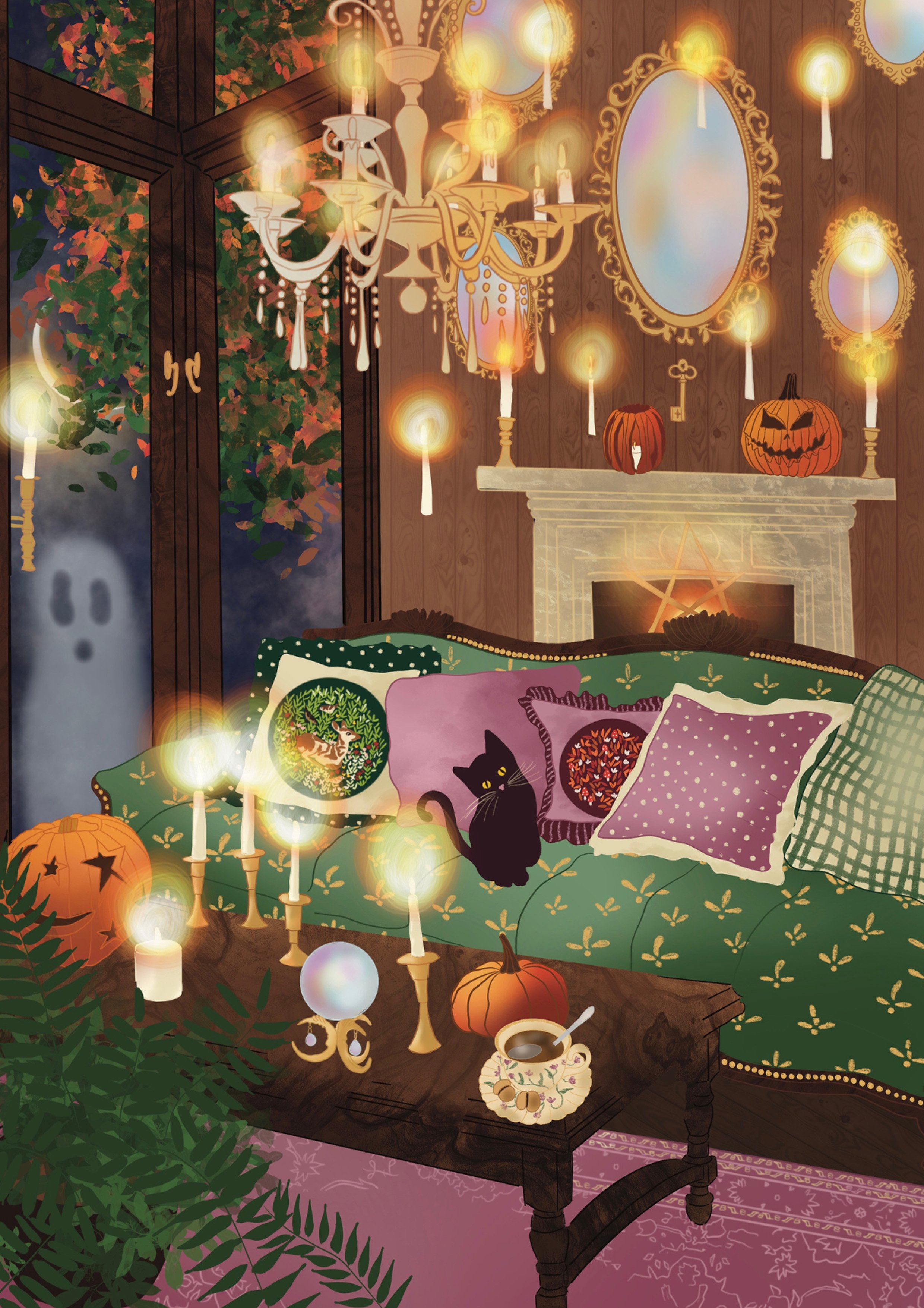 A cozy, Halloween-themed living room decorated with pumpkins, candles, mirrors, and a black cat sitting on a green tablecloth with gold accents. There's a fireplace with a pentagram symbol, and a window showing autumn leaves outside. The room has a warm, spooky atmosphere with floating orbs of light and a patterned pink rug.
