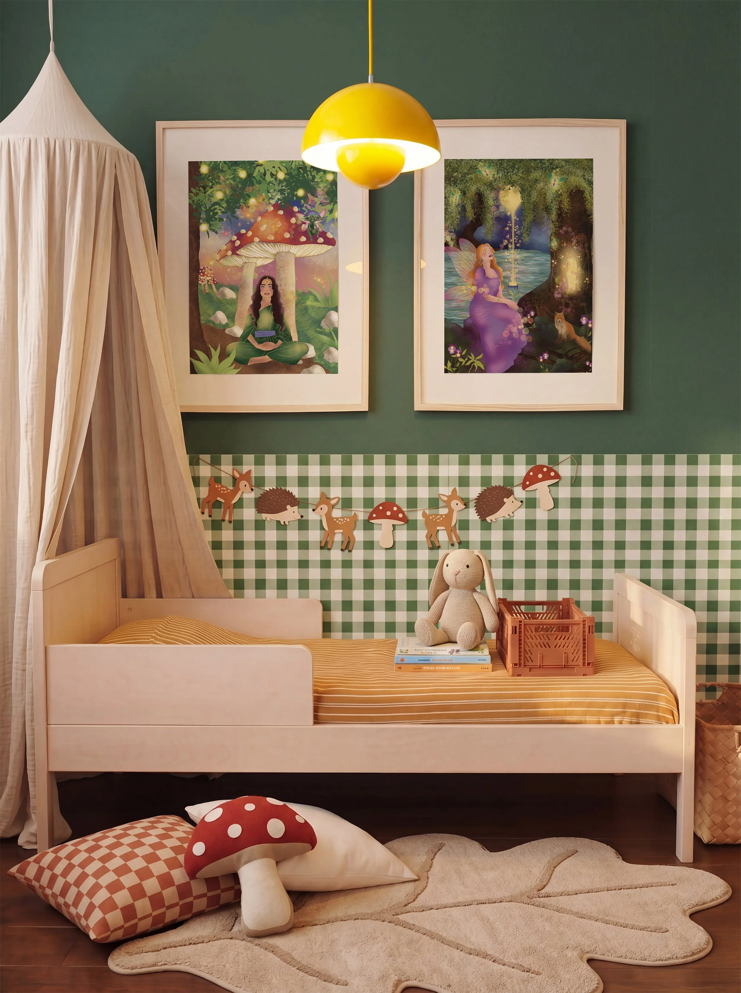 Children's bedroom with green and white checkered wallpaper, framed nature-themed fairy tale artwork, a white bed with a mushroom-shaped plush cushion, a beanbag, and a beige rug.