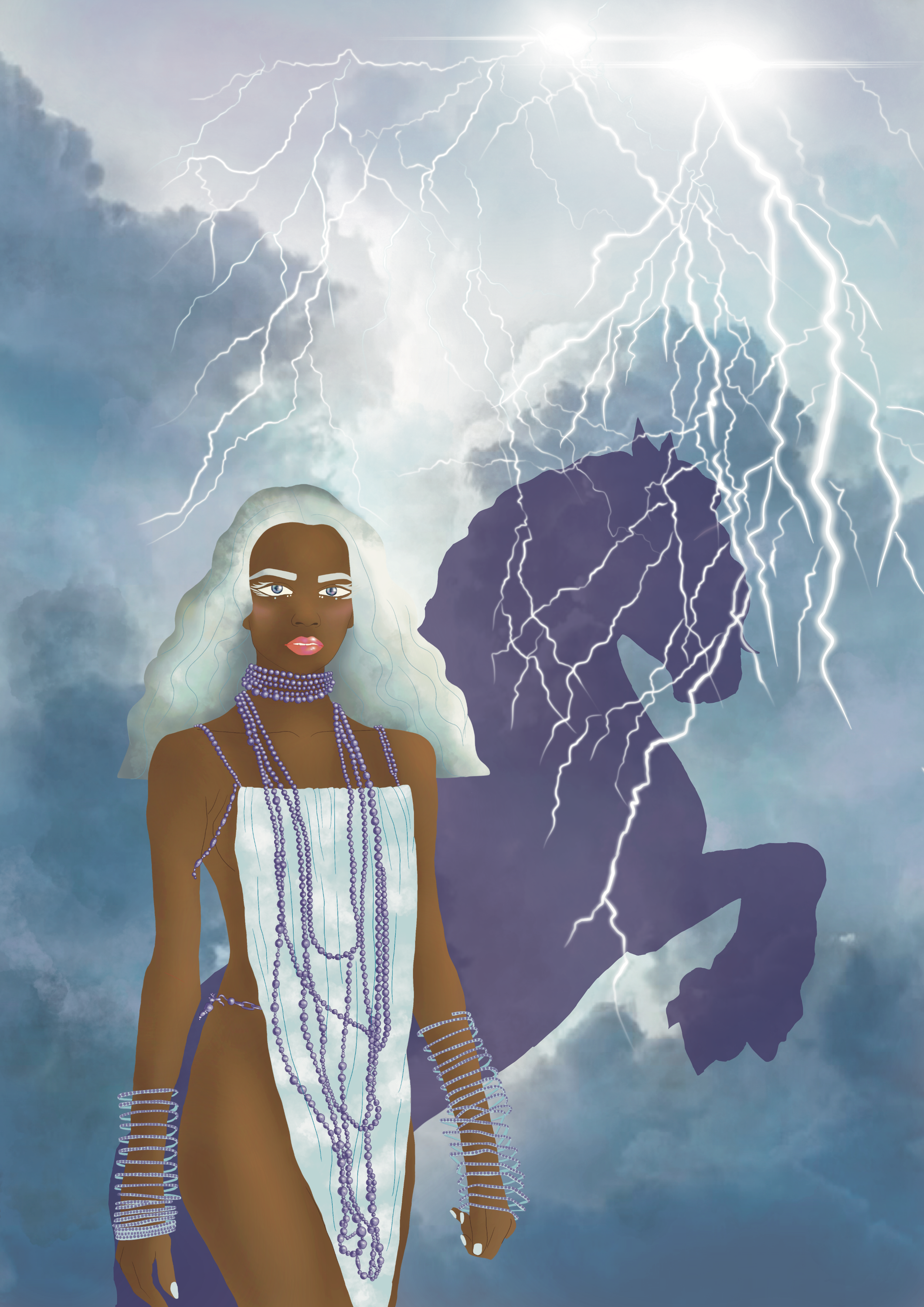 A woman with dark skin, white hair, and striking blue eyes stands against a stormy sky with lightning and dark clouds. She is dressed in white, adorned with multiple strands of purple beads and jewelry, and her eyes have prominent white makeup accent