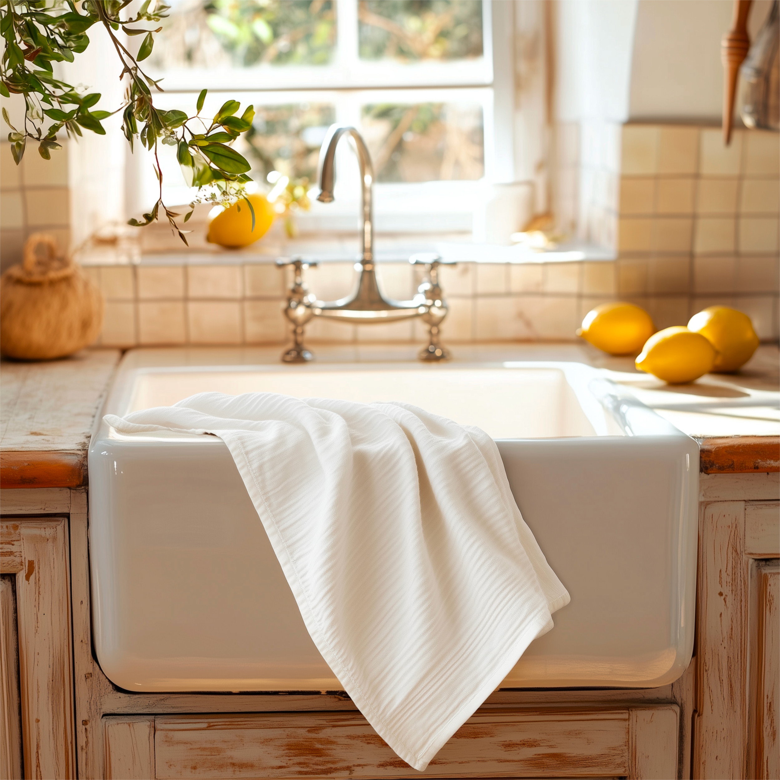A kitchen countertop with a white towel draped over the edge, a wooden cabinet below, a kitchen sink with a modern faucet, a yellow lemon on the counter, a potted plant with green leaves, and a window in the background letting in sunlight.