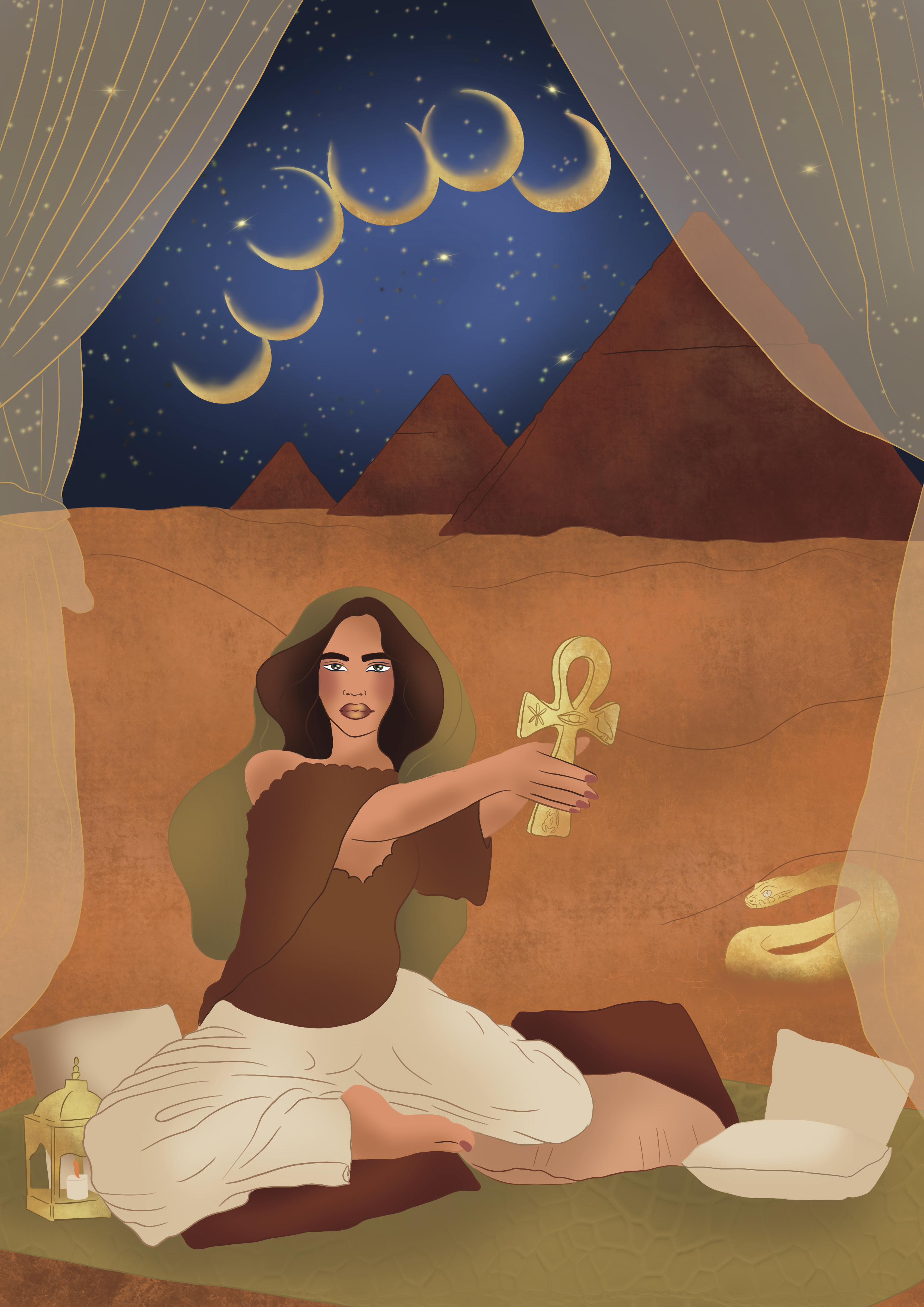 Artwork depicting a woman with long dark hair holding an ankh symbol, sitting on a bed with white sheets in a room with desert scenery and pyramids in the background, under a night sky with phases of the moon.