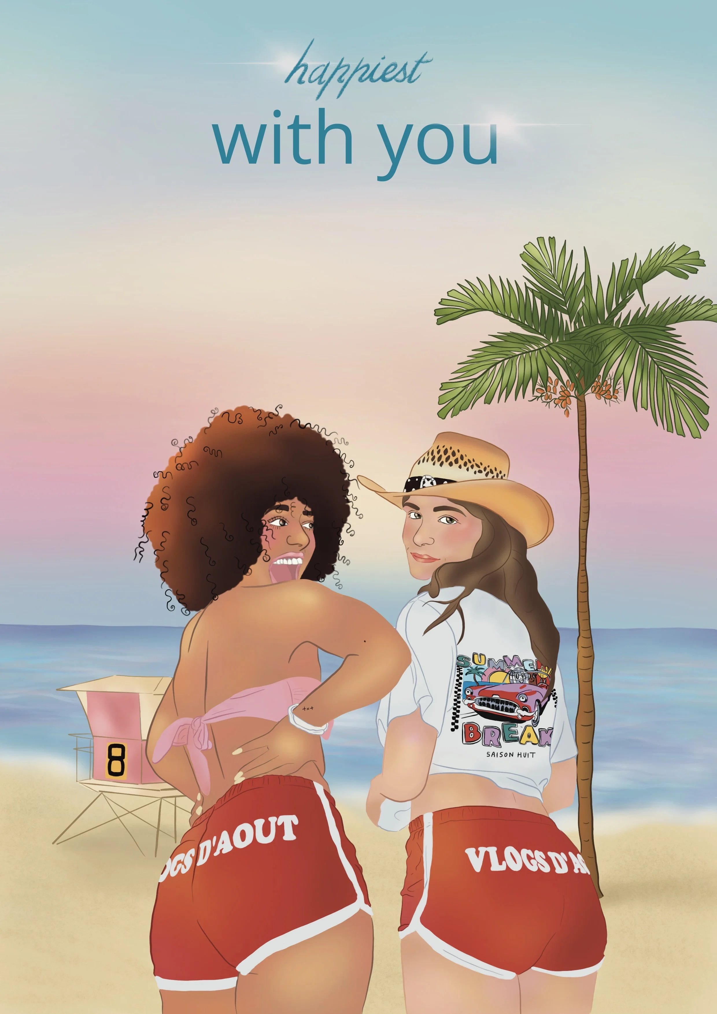 Two women with curly hair and a woman with straight brown hair, all wearing red shorts with white trim, standing close at the beach with their backs to the viewer. One is wearing a pink top, and the other a white shirt with colorful car and summer-th