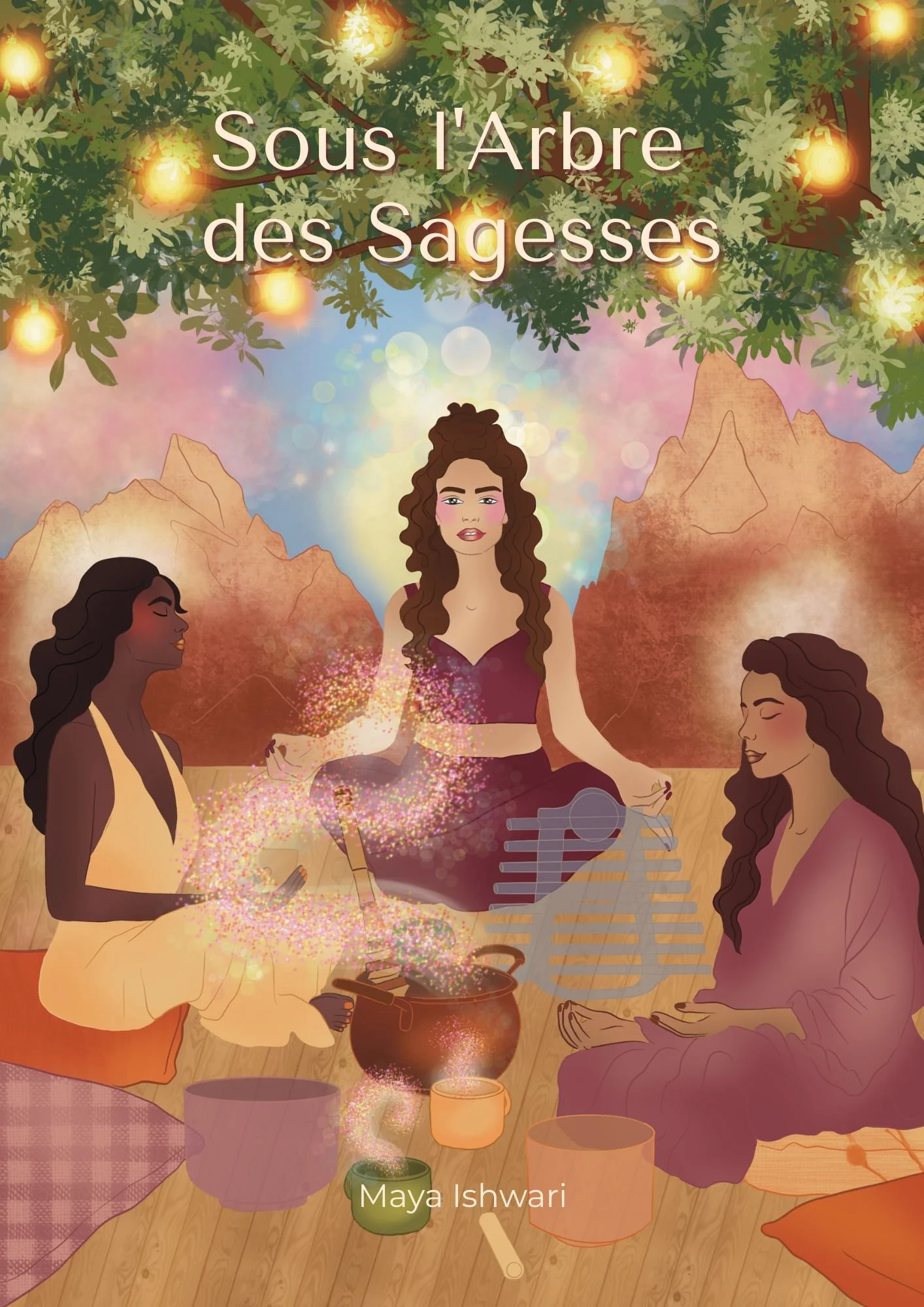 Illustration of women sitting on the floor outdoors under a tree with glowing lights, surrounded by mountains, with various objects like candles, pots, and powders, depicting a spiritual or magical gathering.