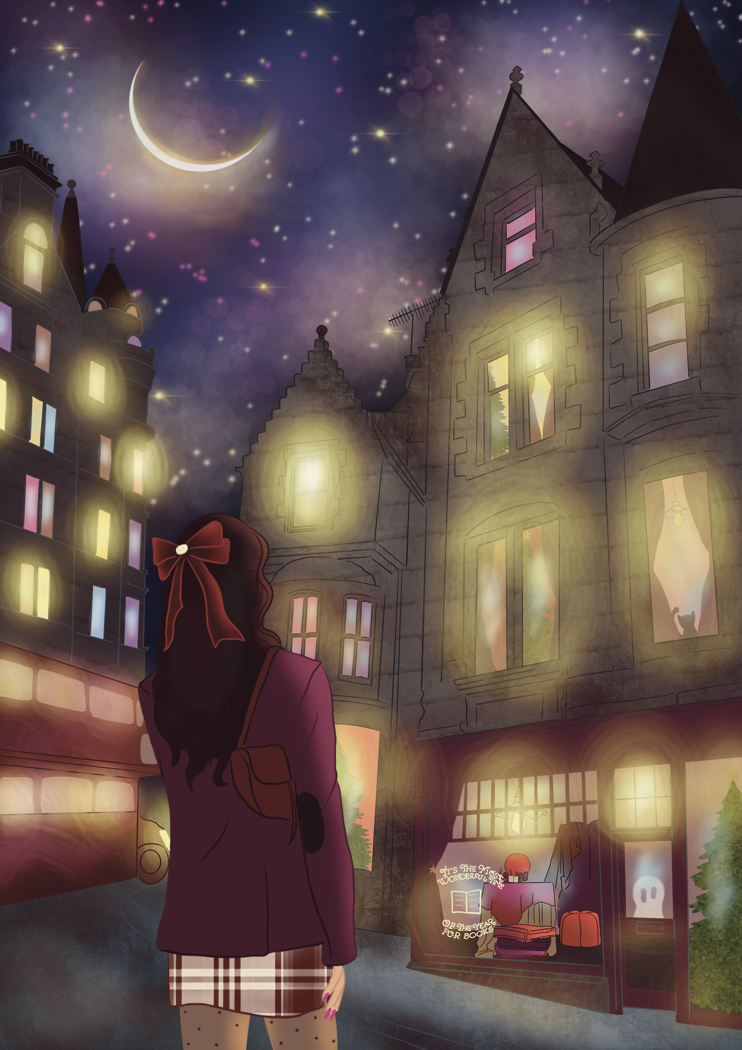 A young woman with long, wavy hair tied with a large red bow stands on a city street at night, looking into a bookstore window. The street is illuminated by moonlight with a crescent moon and stars overhead. The windows of the surrounding buildings glow warmly, and one building has a sign that reads, "It's the most wonderful time of the year for books," with Christmas decorations and pumpkins nearby.